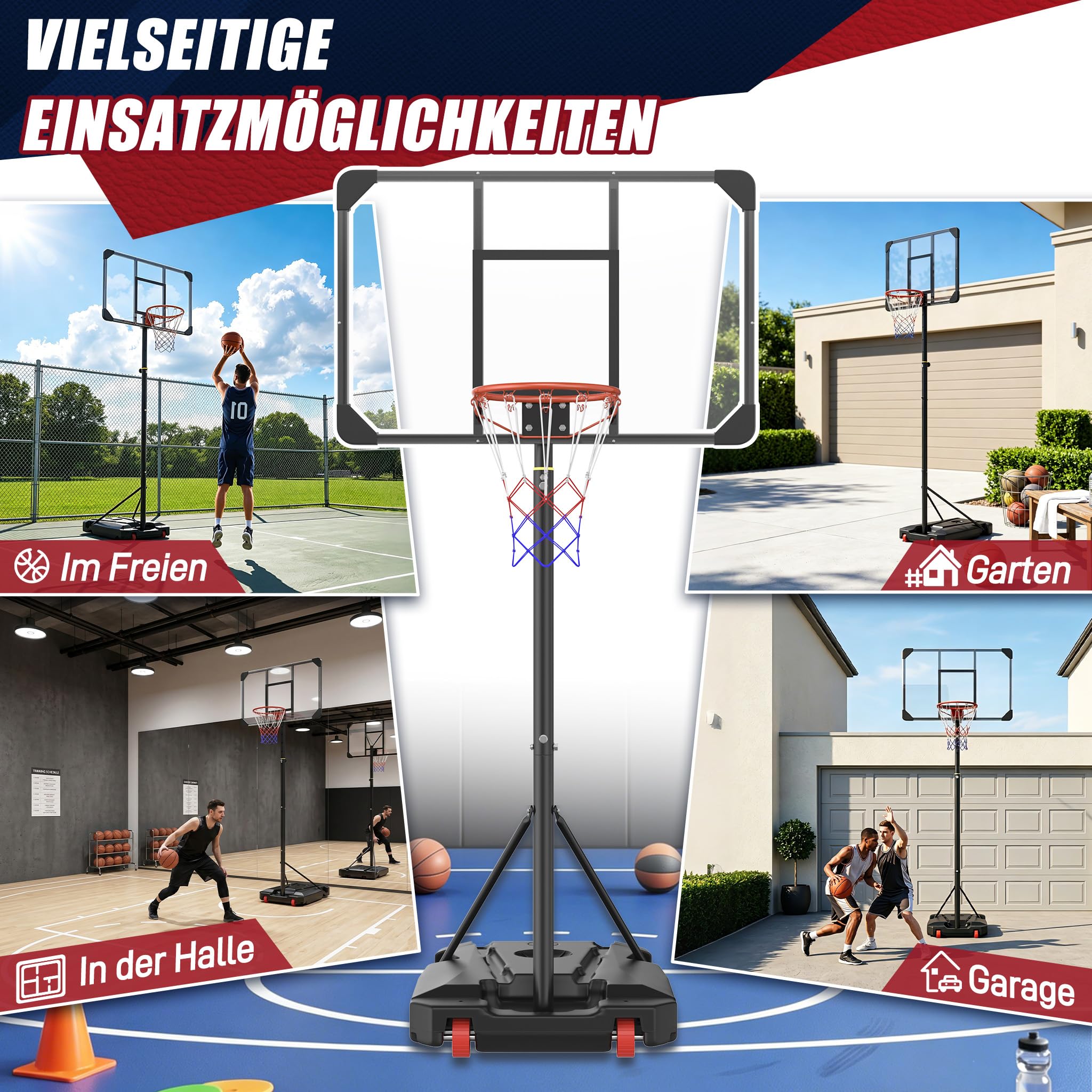 YRHome Basketballkorb PE-Rahmen Outdoor Basketballkorb Nachfüllbare Basis Basketballständer 150-260cm höhenverstellbar mit eingebaute Räder Für Erwachsene