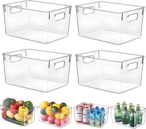 Contenedores de almacenamiento de plástico transparente 4 recipientes grandes para organización de cocina o despensa, organizador de refrigerador,