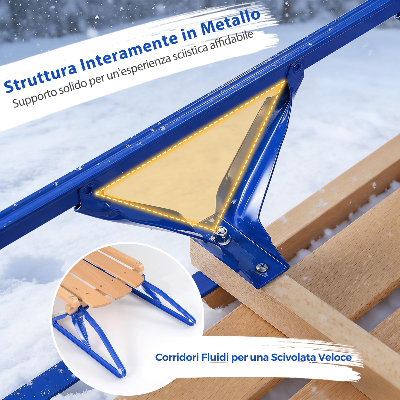 COSTWAY Slittino da Neve, Slittino per Bambini e Adulti con Barra di Direzione, Fori Preforati e Maniglie, Slitta da Neve in Legno e Metallo Vernicato, Carico Massimo 150 kg