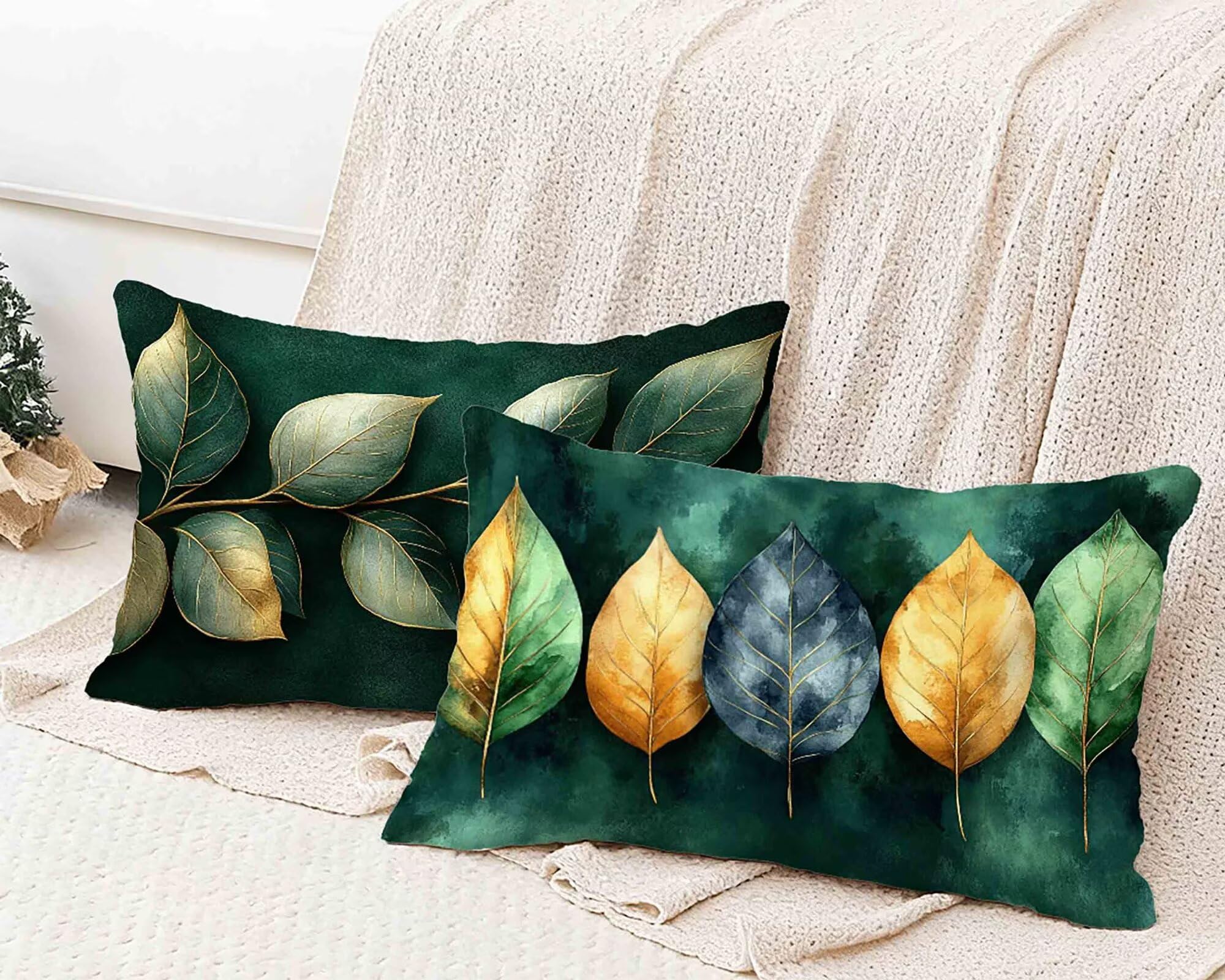 Kissenbezug Senffarbe Kissenbezug 50x80cm 2er Set, Kopfkissen Blätter Kopfkissenbezug Wasserdicht Leinen Design Kissenbezüge Herbstdeko mit Verstecktem Reißverschluss für Deko Schlafzimmer -lsy250127A