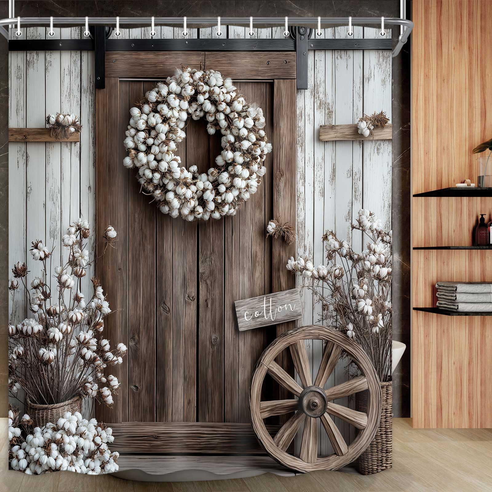 Drgilau Rustic Barn Door Shower Curtain, Farmhouse Wooden Shower Curtain Vintage Country Cotton Flowers Bathroom Curtain Decor Waterproof Bath Curtain