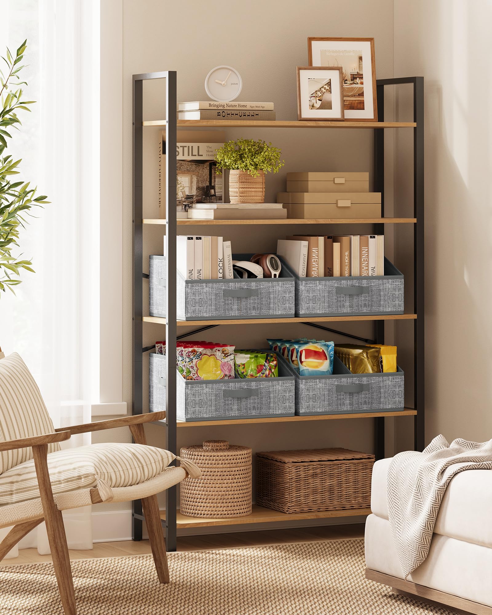 SONGMICS Set di 6 cestini portaoggetti, pieghevoli, scatole in tessuto, 40 x 30 x 20 cm, organizer per armadio, 3 manici, per camera da letto, soggiorno, grigio torta, URFB0140G01