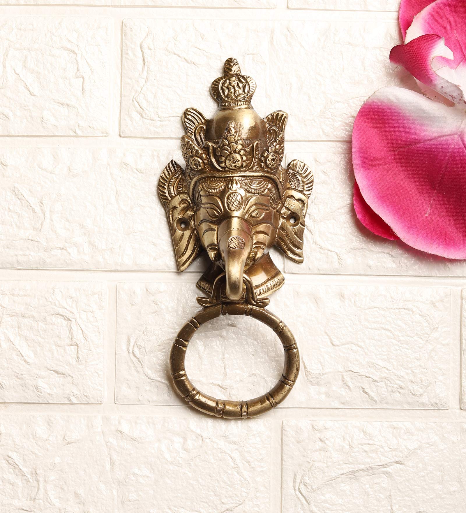 Two Moustaches Crown Ganesha Brass Door Knocker, Front and Main Doors, Pooja Room, Dimensions: Length: 3.5 inches (8.7 cm), Width: 2 inches (5 cm), Height: 8 inches (20 cm) 4