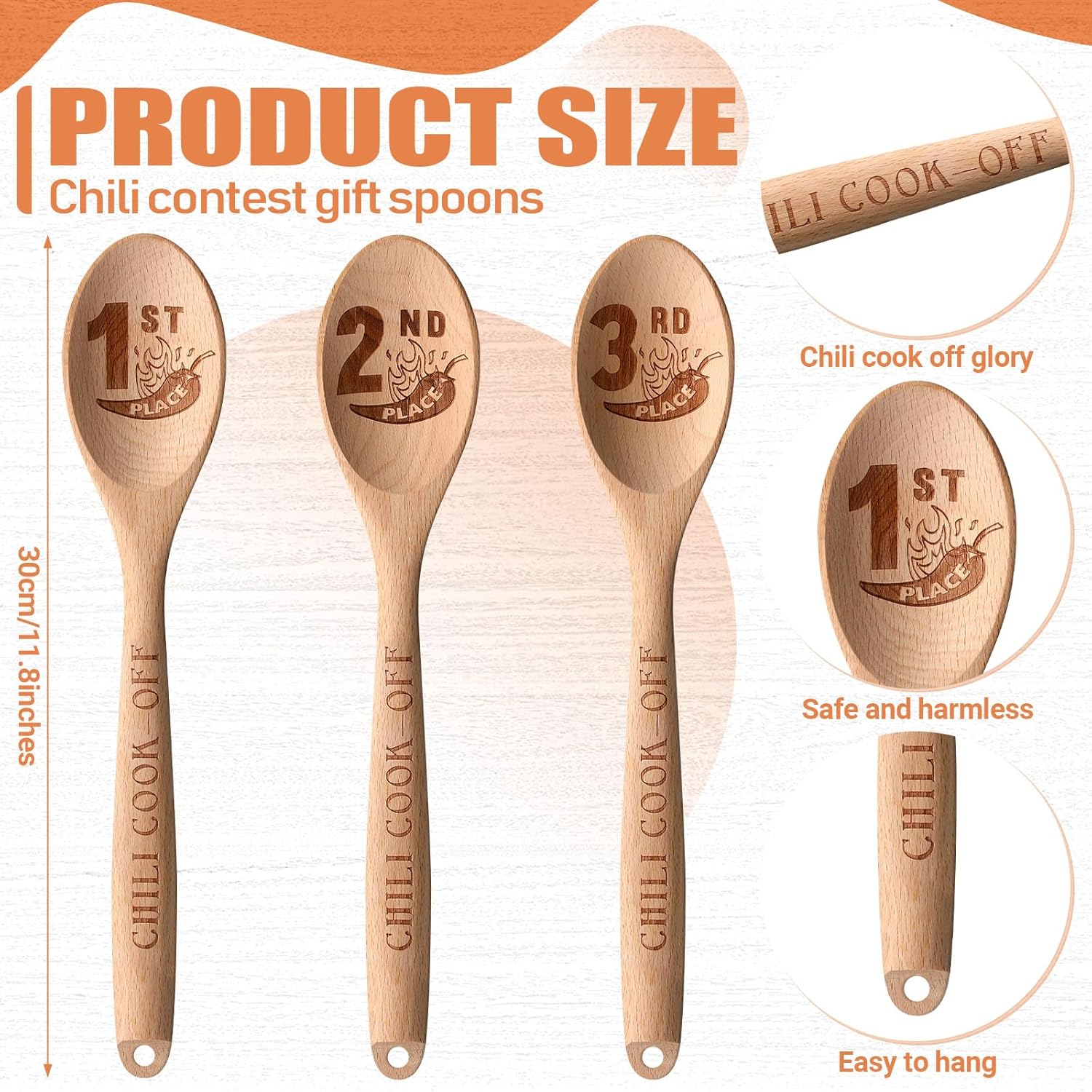 3 Set Chili Cook Off Trophies Prizes Beech Wood Cook Off Spoon Chili Festival Cutting Board Champion Gift for Men Women 1st 2nd 3rd Place Award(Chic) - Image 3