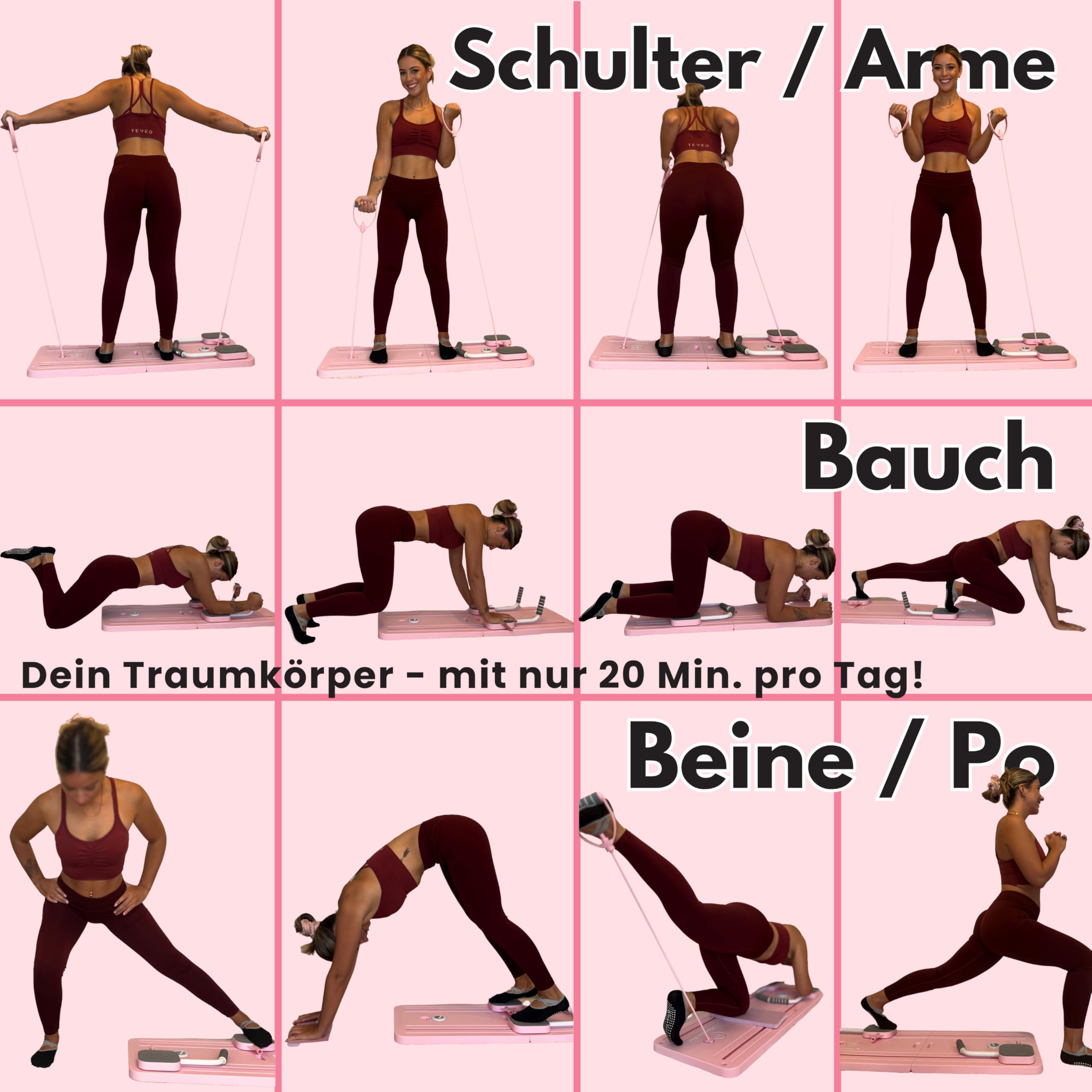 Pro - Faltbarer Pilates Reformer inkl. Videobibliothek (50+ Übungen) & Trainingspläne - 6 in 1 Komplettset – gelenkschonendes Ganzkörpertraining