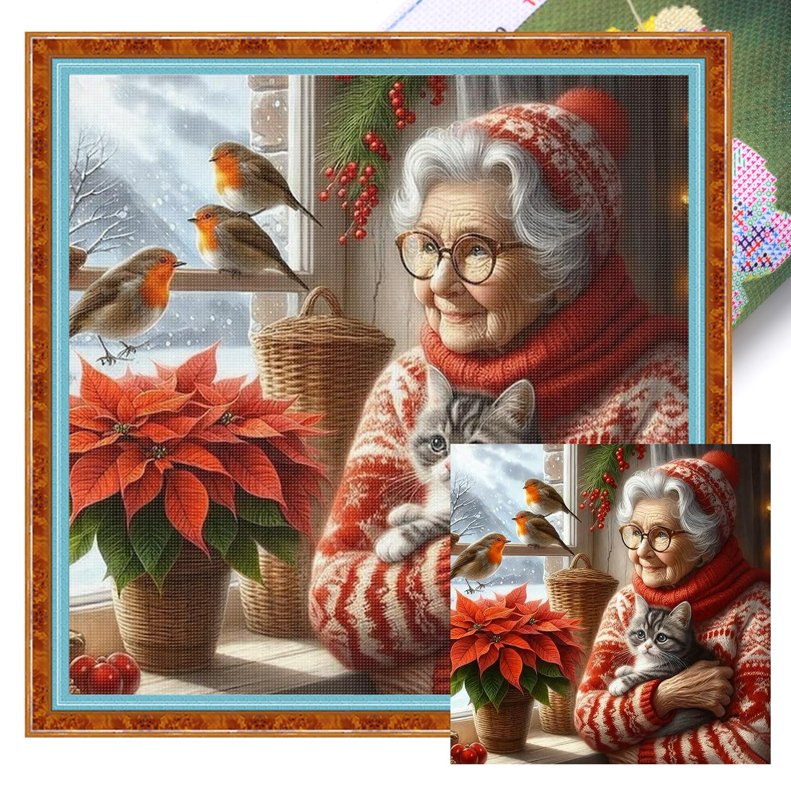 Poetrydraw 11Ctacc-11716__C__45x45 Grandma Holding A Kitten Full 11Ct Diy Stamped Cross Stitch Kits 45X45cm Gifts (11Ctacc-11716 C 45X45)