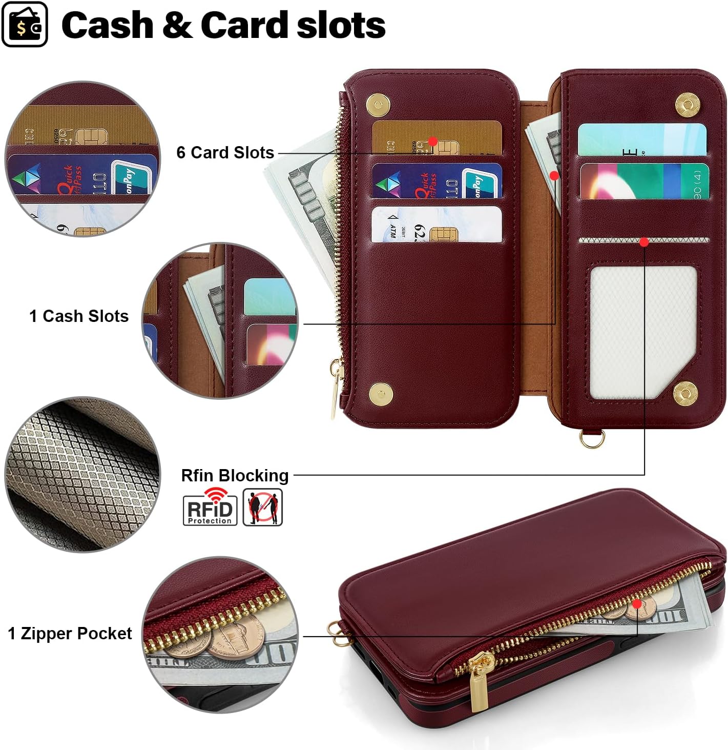 Antsturdy 2 in 1 Detachable for iPhone 15 Pro Max Wallet case with Magsafe,RFID Blocking Magnetic Wireless Charging PU Leather Phone case Flip Folio Cover Card Holder Wrist Strap Women Men,Wine Red