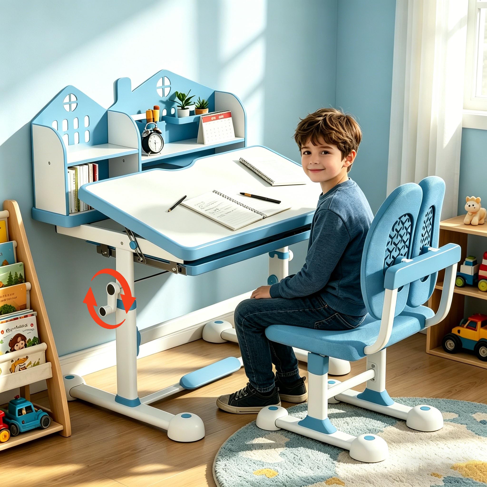 JMGJOY Kids Desk and Chair Set Height Adjustable Kids Study Table and Chairs Student Writing Desk with 45° Tiltable Desktop, Storage Drawer, Shelves, Pen Slot, Hook for Children Ages 3-12 Years, Blue
