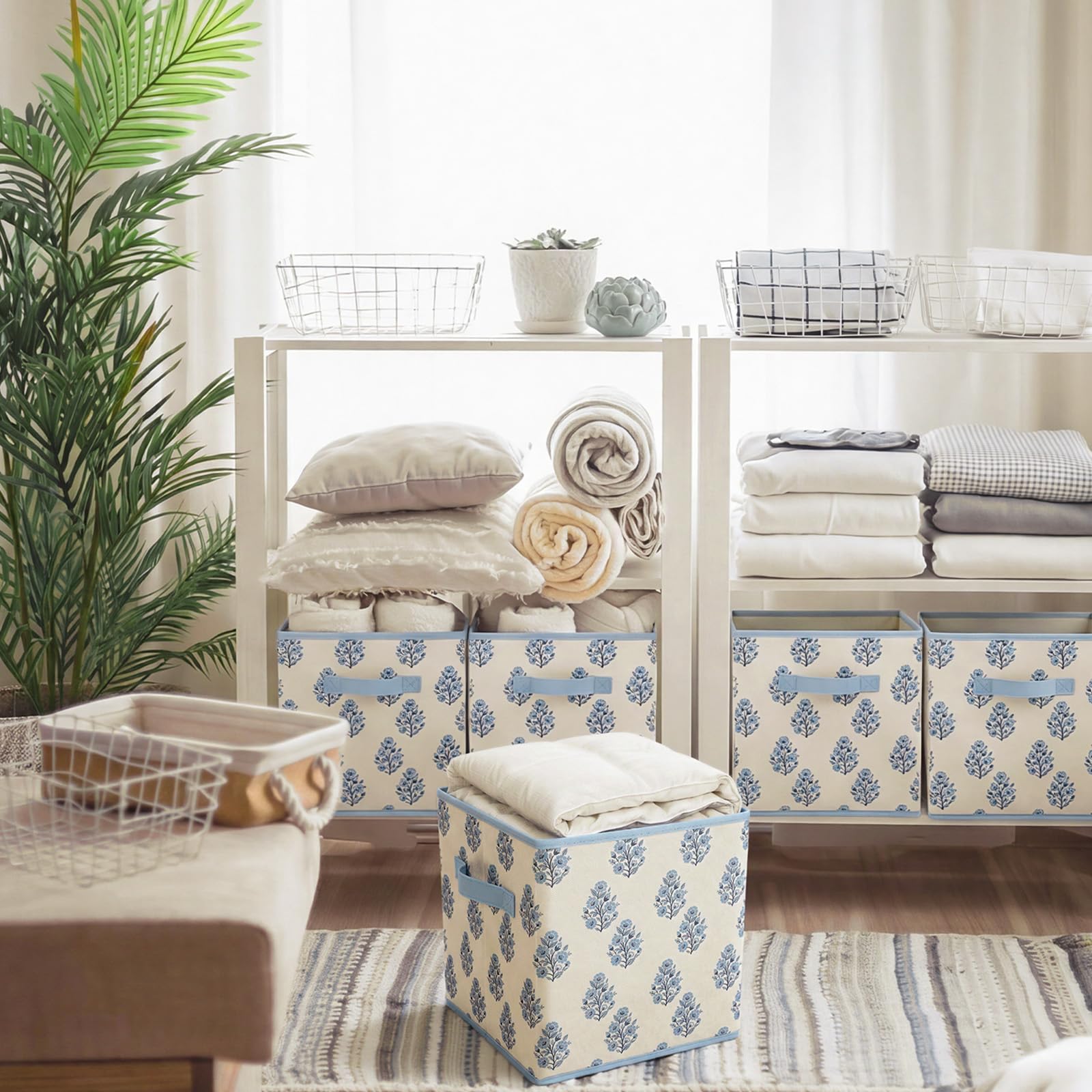 Bokon Aufbewahrungskörbe mit Blumenmuster, 27,9 cm, blau, mit Griffen, blaue Blume, Stoff, Aufbewahrungskörbe, faltbar, für Zuhause, Büro, Klassenzimmer, Regale, Schränke, Kleidung, 6 Stück