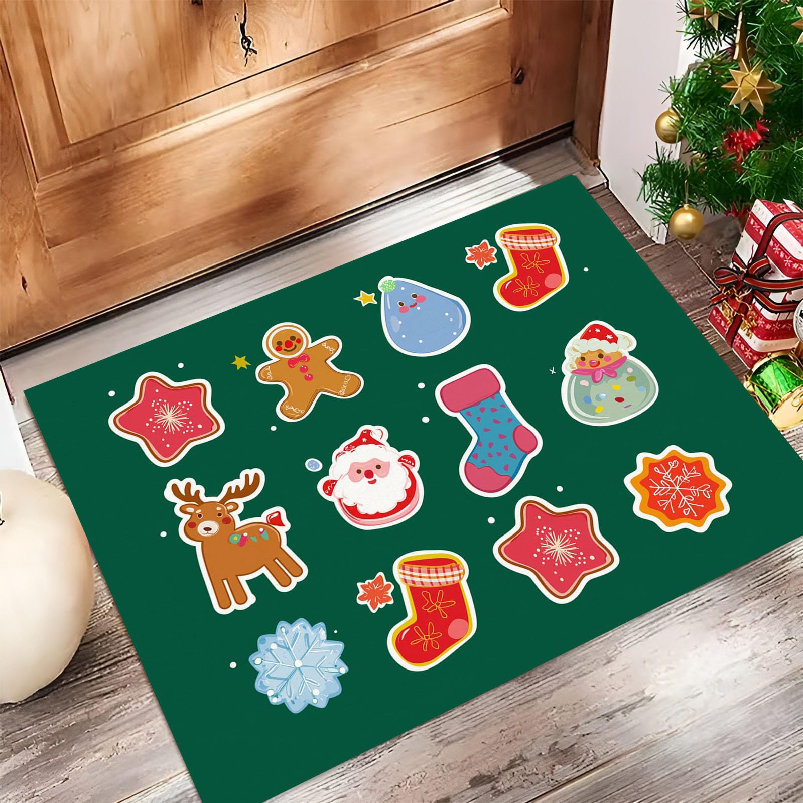 Felpudo de Entrada Casa Papá Noel Renos Hombre Jengibre 90x150cm Alfombra Exterior para Puerta, Lavabl Alfombrilla Pegatinas Navideñas Antideslizante para Recibidor, Pasillo, Cocina - Verde Oscuro