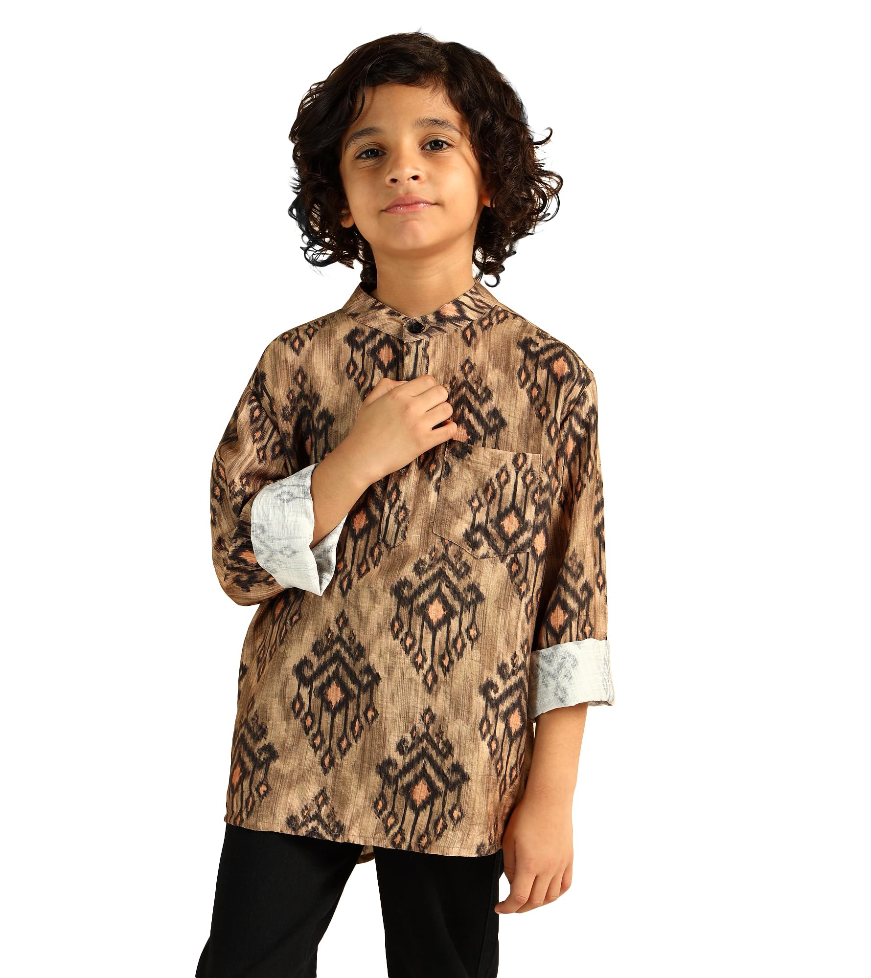 Bugandbees Boys Ikkat Print Nylon Short Kurta|Cuff Sleeve| Mandarin Collar|Kids Clothes for Boys Dress 11-12 Years Ethnic Wear|Fancy Traditional Dress|One Piece(BBKUB00000329_11-12Y_Brown)