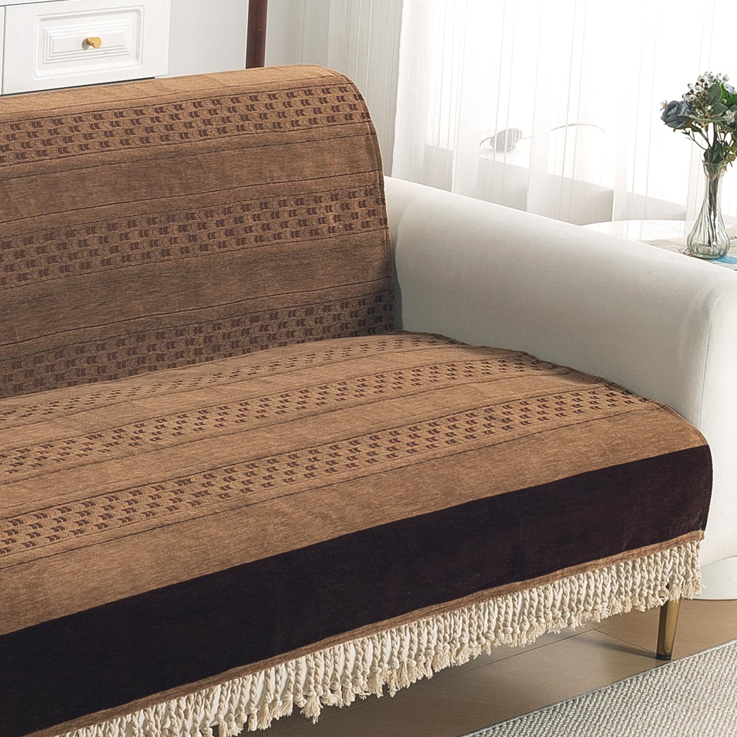 HOKIPO 'Majestic Tassel Series' Thick & Soft Chenille Jacquard Sofa Cover 3 Seater for Seat & Back with Tassels, Russet Brown (IN-1015-M1)-image-16