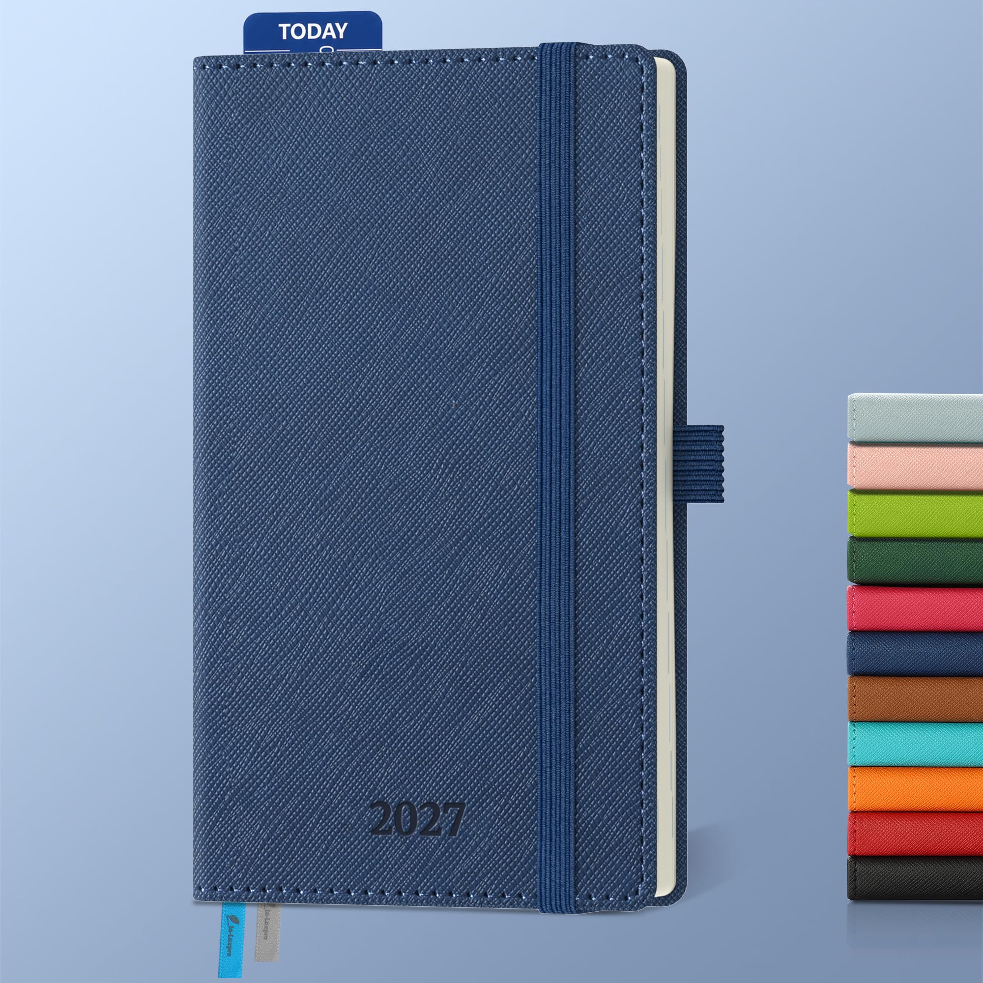 IN-LUXPRO Kalender 2027 Buchkalender Horizontal PU-Einband 1 Woche 2 Seiten | 12-Monate Wochenplaner (Jan bis Dez 2027) in A6 16,4x9,5CM, mit Stiftschlaufe, abreißbaren Ecken, Monatsregister, Marineblau