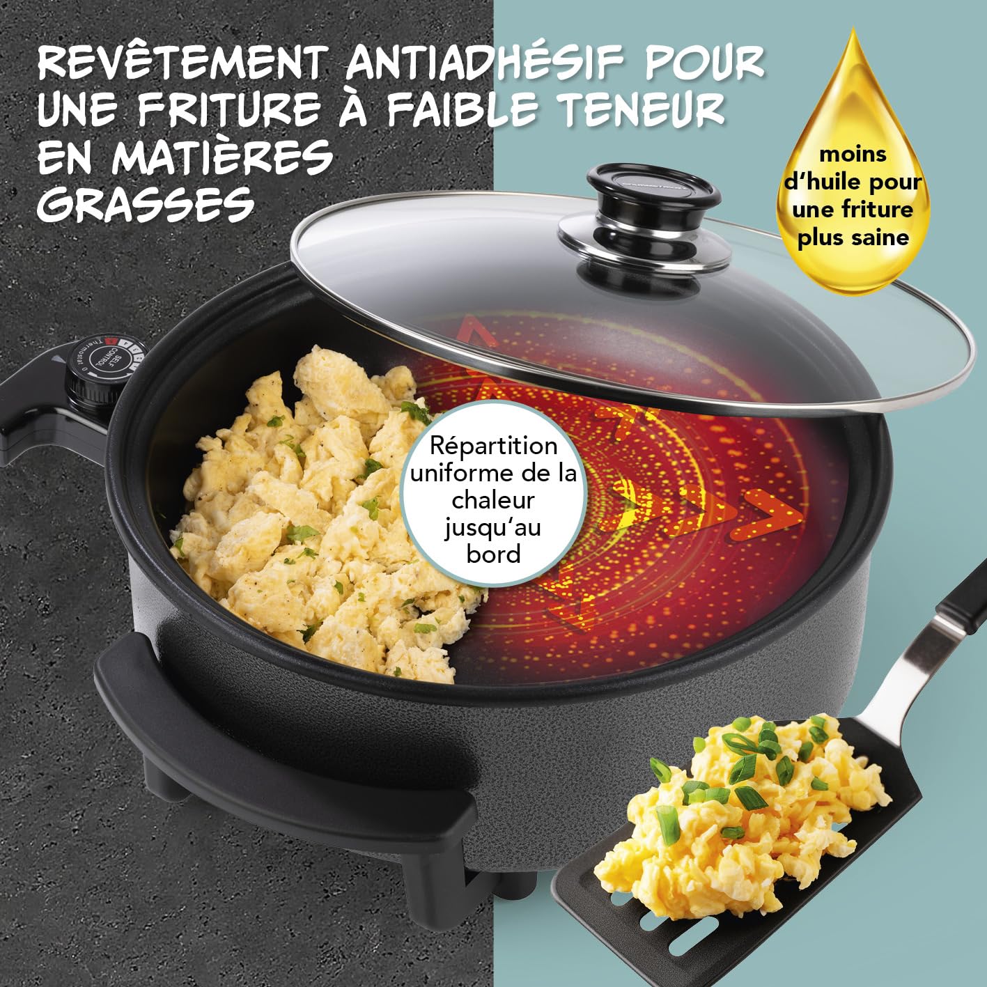 GOURMETmaxx Casserole à pizza électrique avec thermostat, couvercle en verre et revêtement antiadhésif, poêle multifonction avec diamètre 30 cm et 1500 W, idéale pour les fêtes