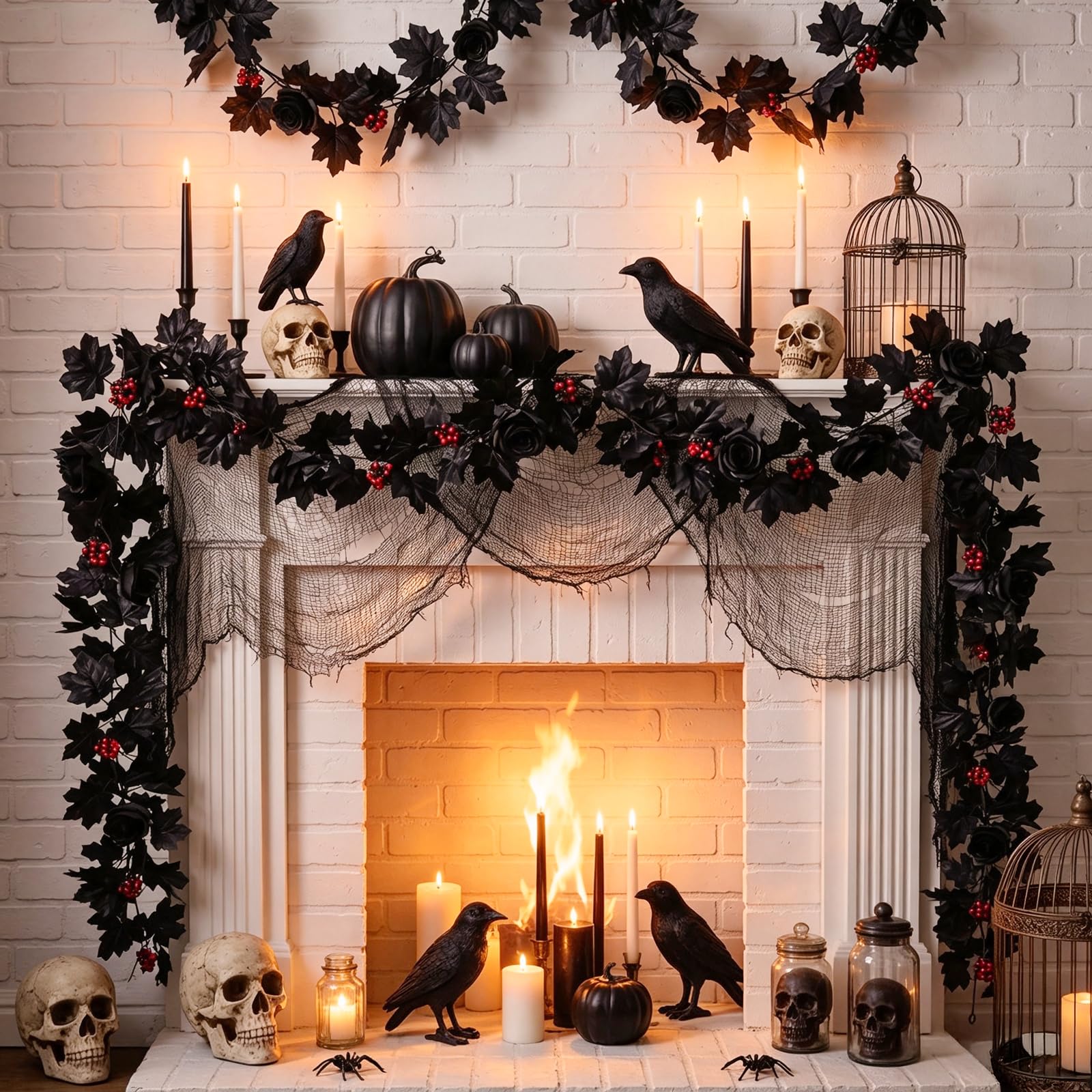 4 Pezzi 1,7 m Ghirlanda Halloween Nera con Foglie Autunnali e Rose