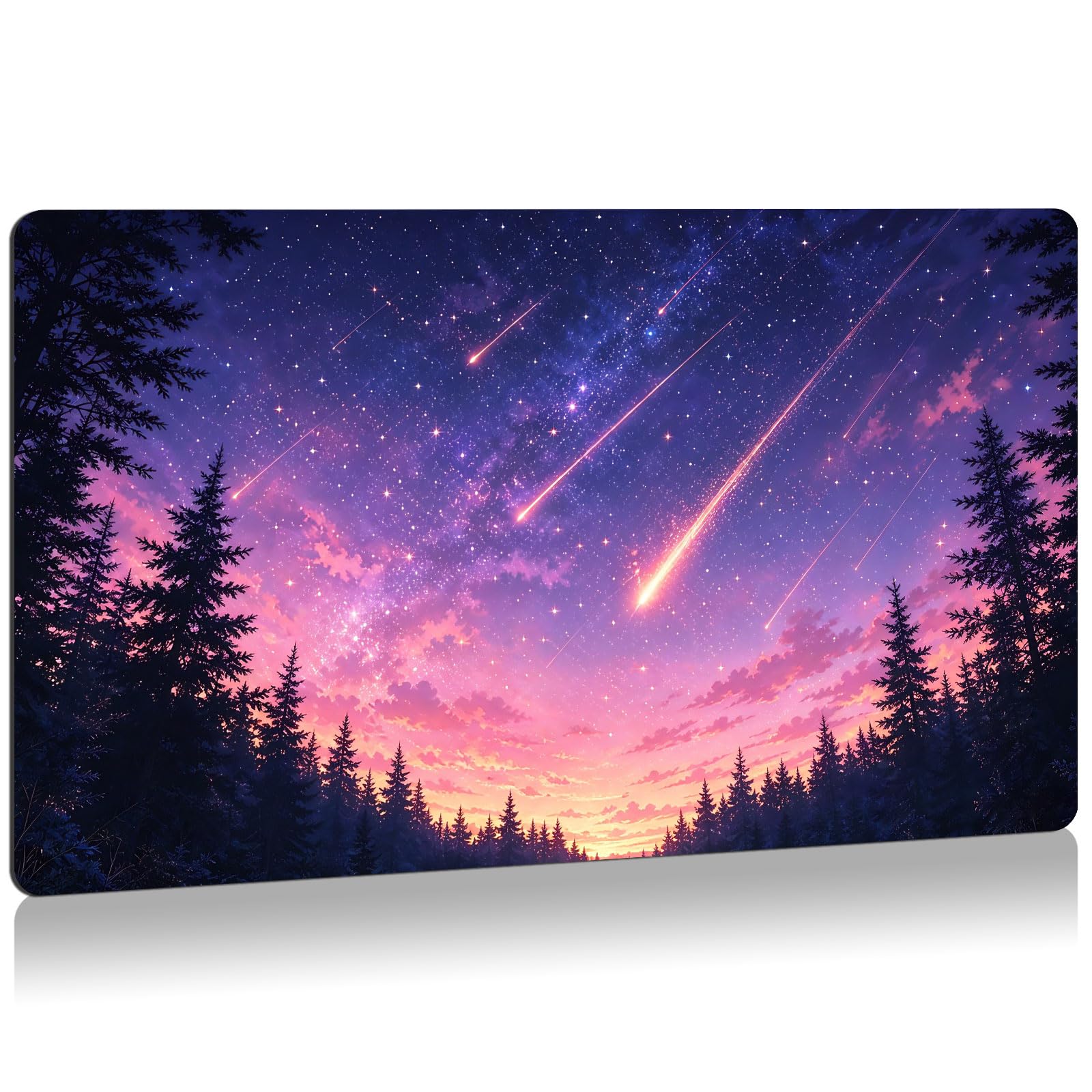 GLOBLELAND Forest Night Game Play Mat 24x14 inch Sky Meteor Non-Slip Rubber Card Game Mat TCG Playmats for Trading Card Game Keyboard and Mouse