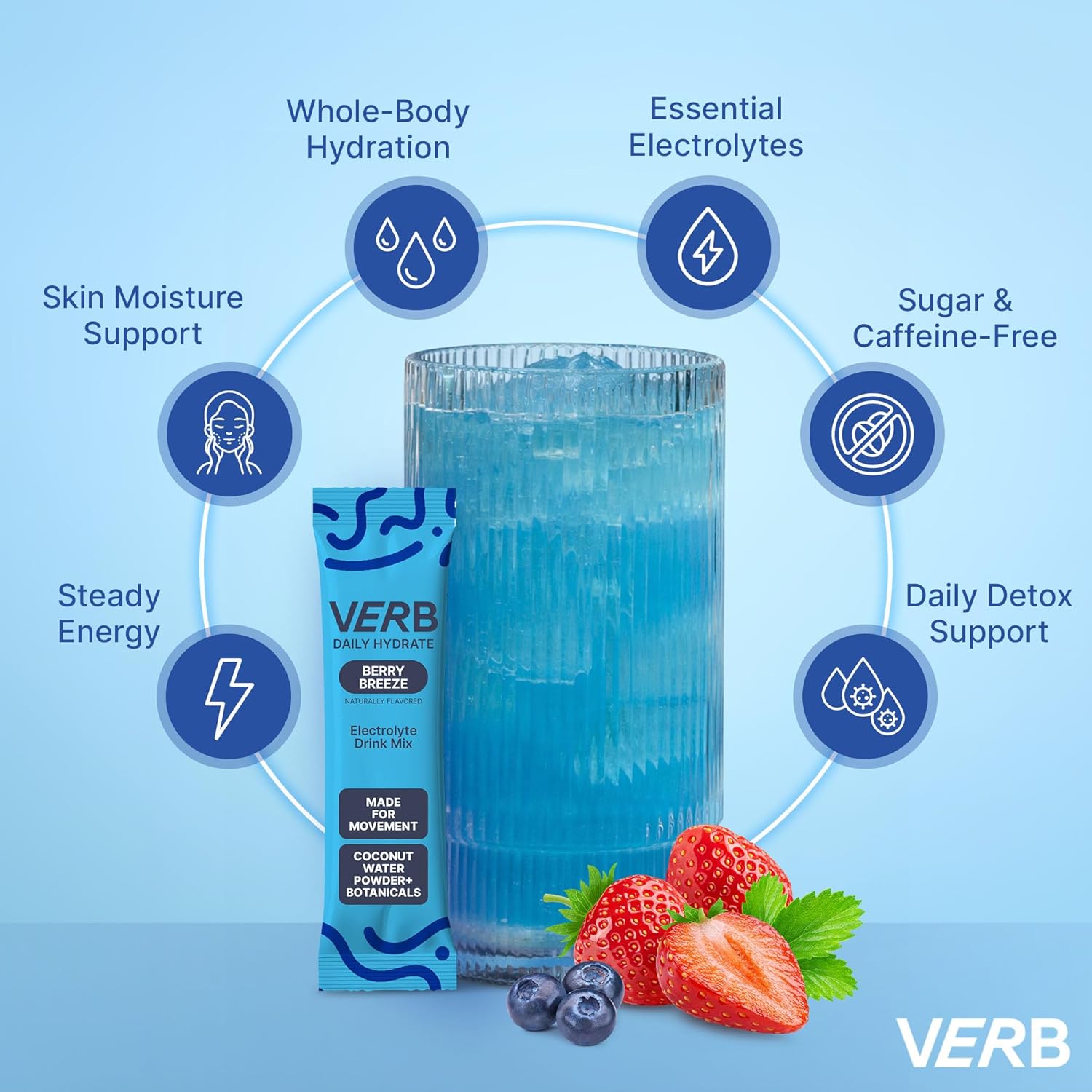 Verb Daily Hydrate Sugar Free Electrolyte Drink Mix - Berry Breeze, Zero Sugar Instant Hydration Packets for Daily Use, Essential Electrolytes Powder for Rehydration, Dehydration Relief, 16 Pack - Image 3