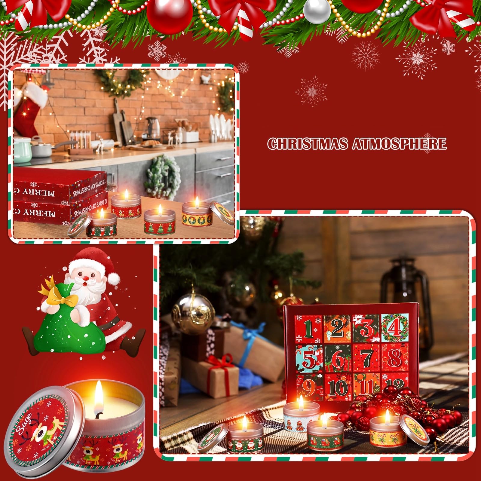 Conelist Juego de 12 velas perfumadas de Navidad de 12 días, calendario de Adviento, velas de cera de soja de 2.5 onzas, regalo de Navidad, regalo de cumpleaños para mujeres, decoración de vacaciones