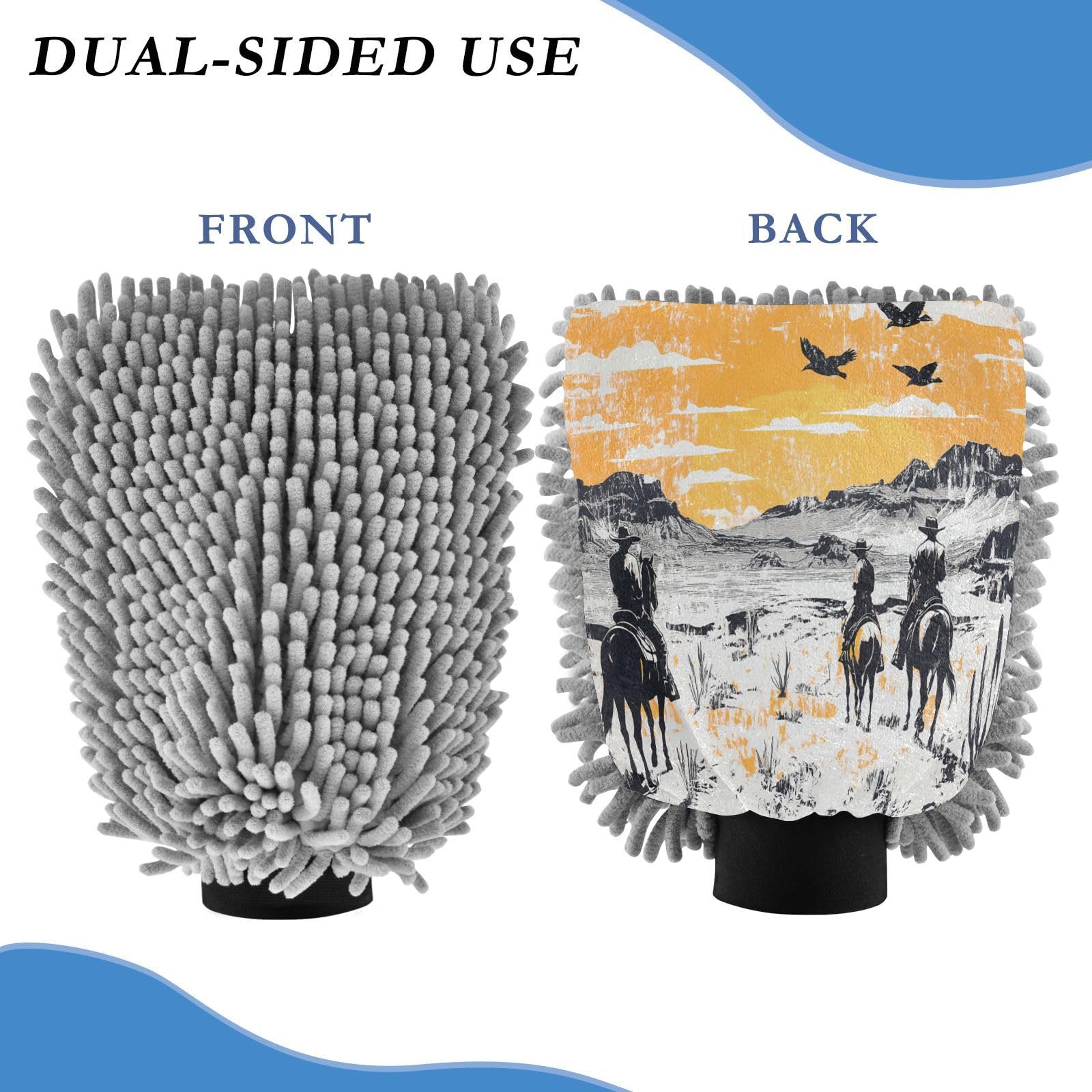STAYTOP Vintage Western Cowboy Car Wash Mitt Microfiber, 2Pcs Scratch Free Lint-Free, Premium Chenille Microfiber Mitt Car Wash Brush-M