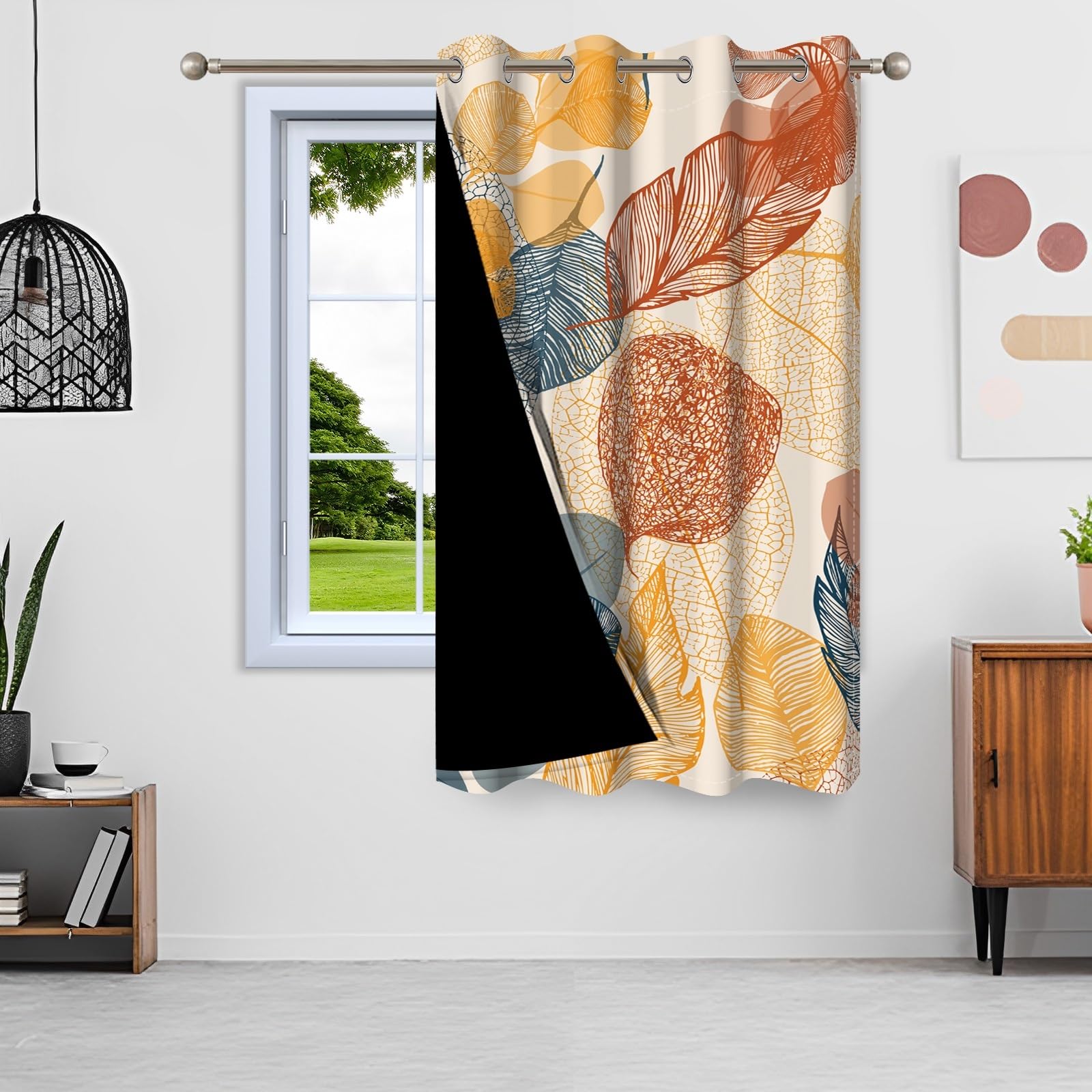 135x245cm Rideau à œillets Motif Feuilles abstraites Motif de Feuilles colorées Thermiques Oeillets Occultants Rideaux pour fenêtres Salon Chambre Bureau à Domicile,1 Panneau Simple