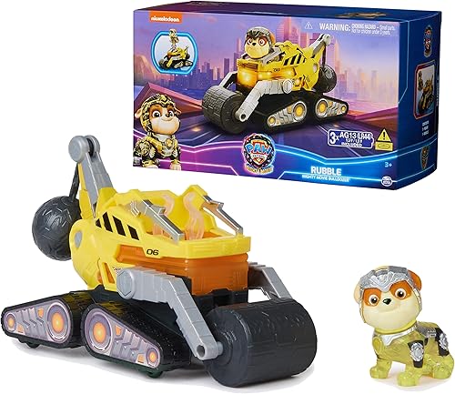 Paw Patrol The Mighty Movie, camión de juguete de construcción con Rubble Mighty Pups, figura de acción, luces y sonidos, juguetes para niños y