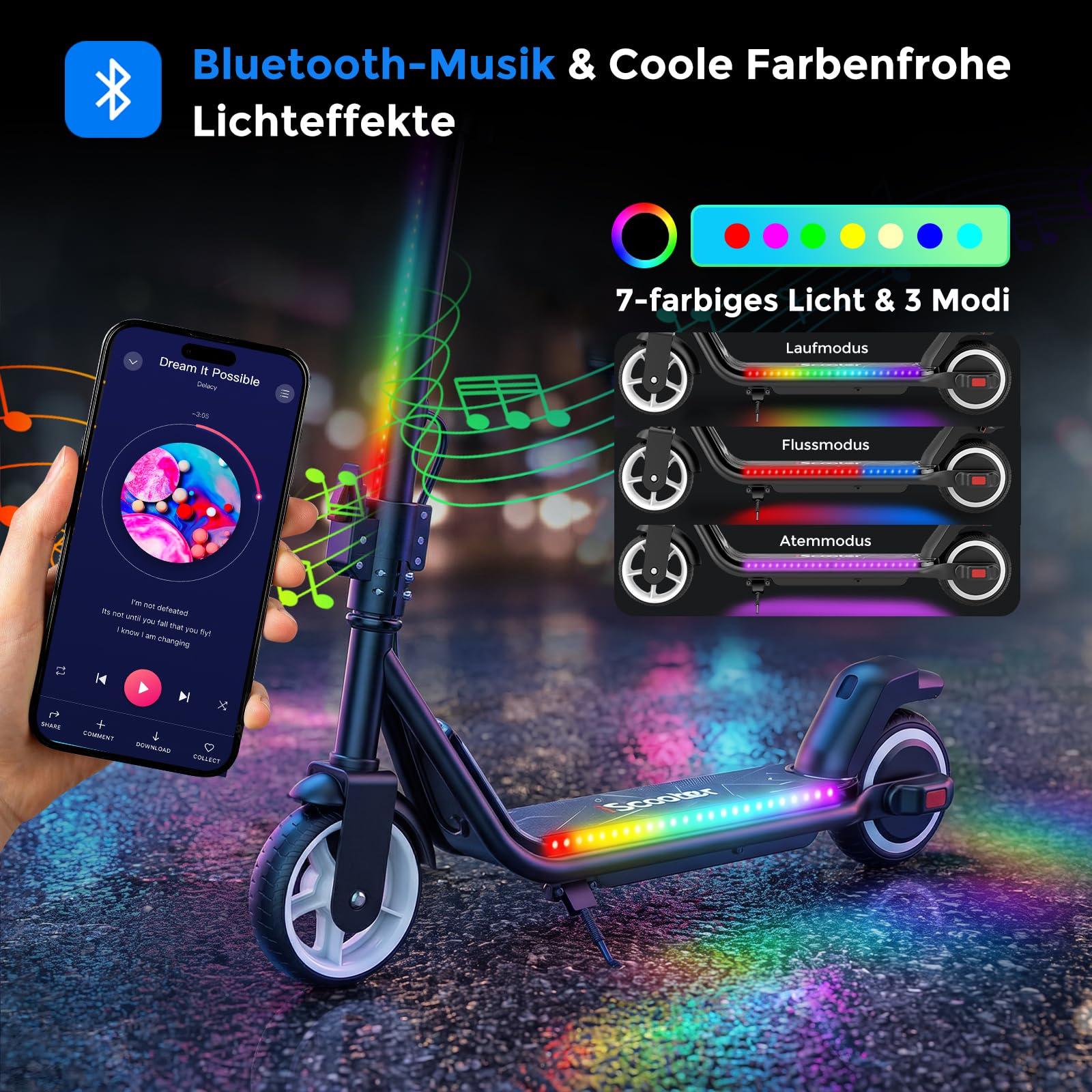 iScooter E Scooter für Kinder von 6-14 Jahren, 6,5" Faltbar Elektroroller mit Musik & 3 Höhenstufen einstellbar, 6" Leicht Kinder E Roller mit Bunte Lichter, Max Reichweite 15/7 km, 3 modi 5-19 km/h