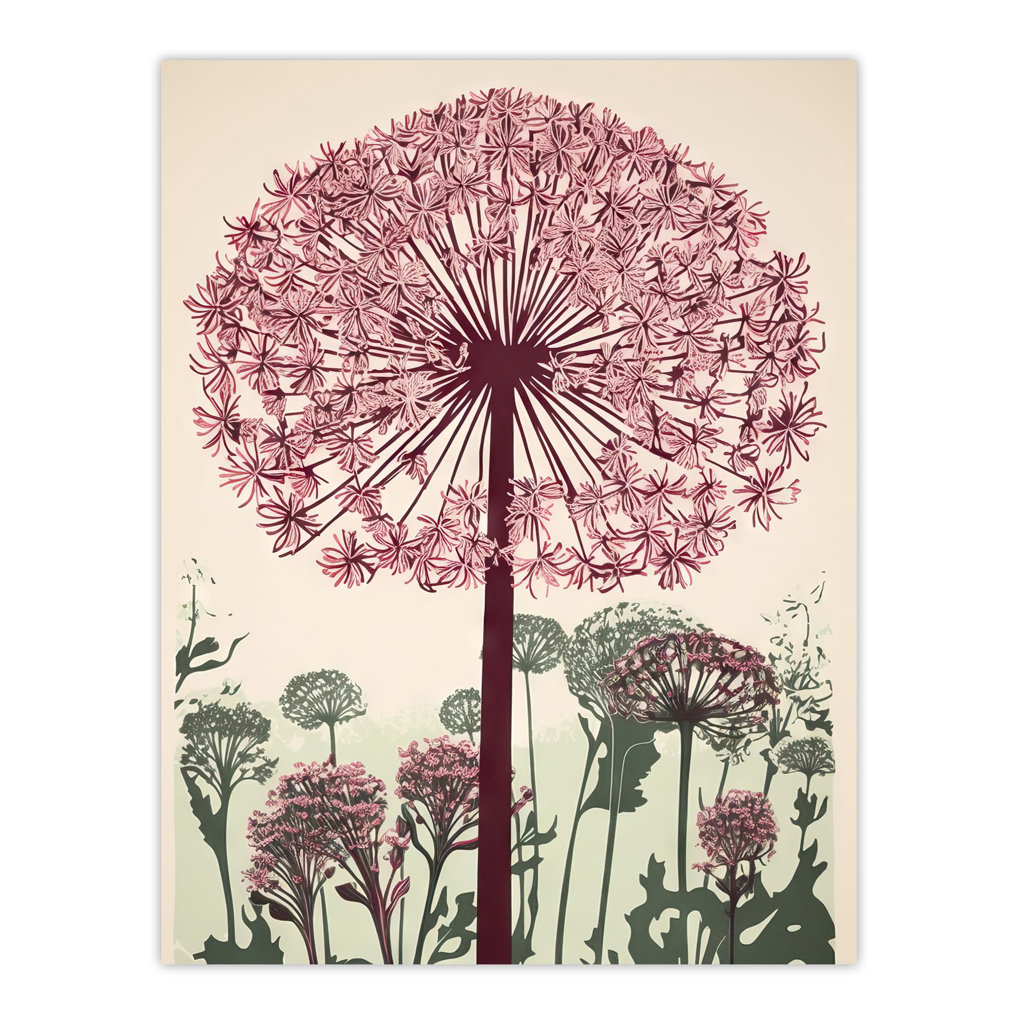 Artery8 Allium Flower Blooms Linocut Painting Pink Green Wildflower Spring Field Nature Colourful Bright Floral Modern Artwork Unframed Wall Art Print Poster Home Decor Premium