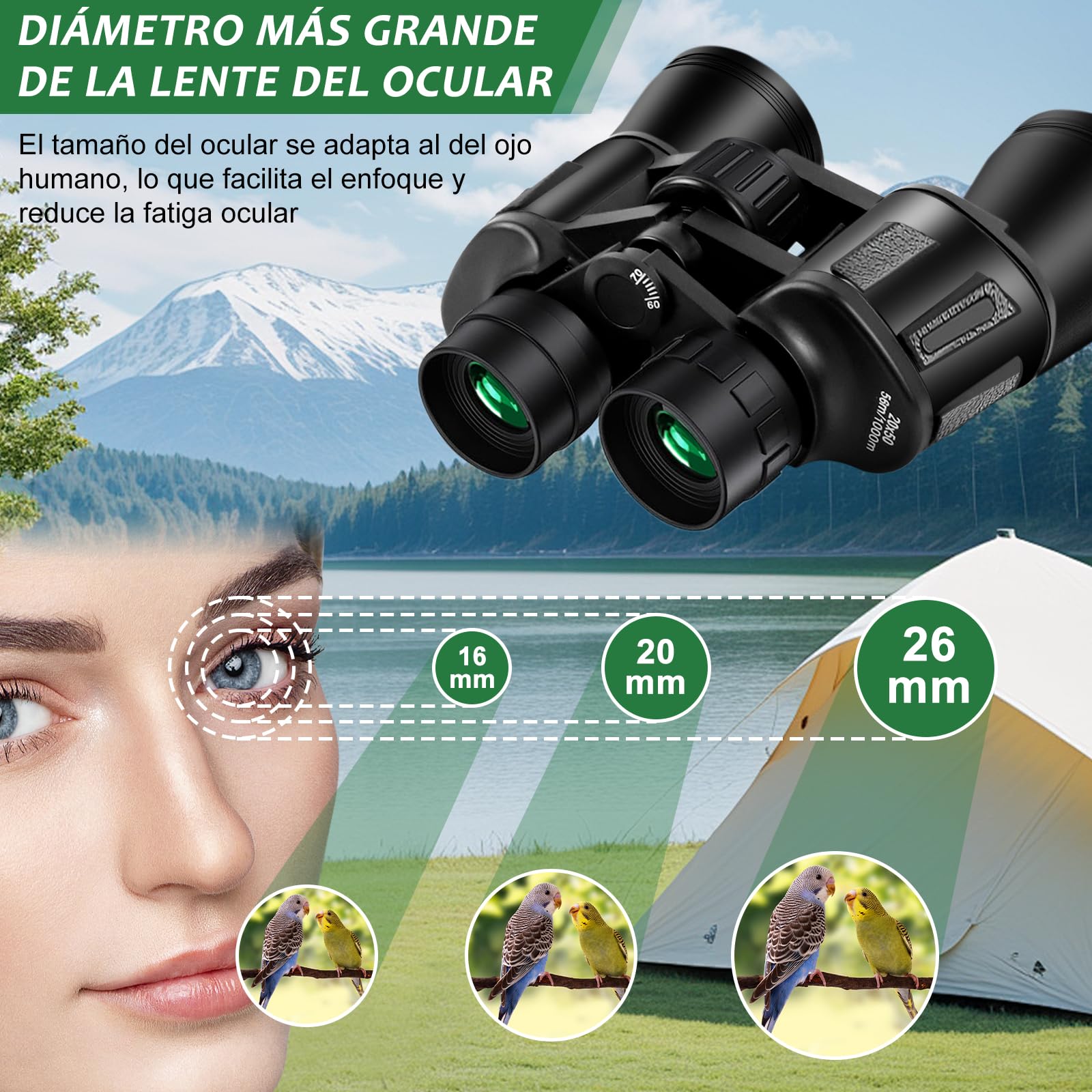 Binóculos Profissionais 20 x 50 para Adultos Prisma BaK4 e Lentes FMC,Compacto Binóculos Poderosos para observação de pássaros, caça e jogos desportivos,inclui Adaptador,alça e pano de limpeza