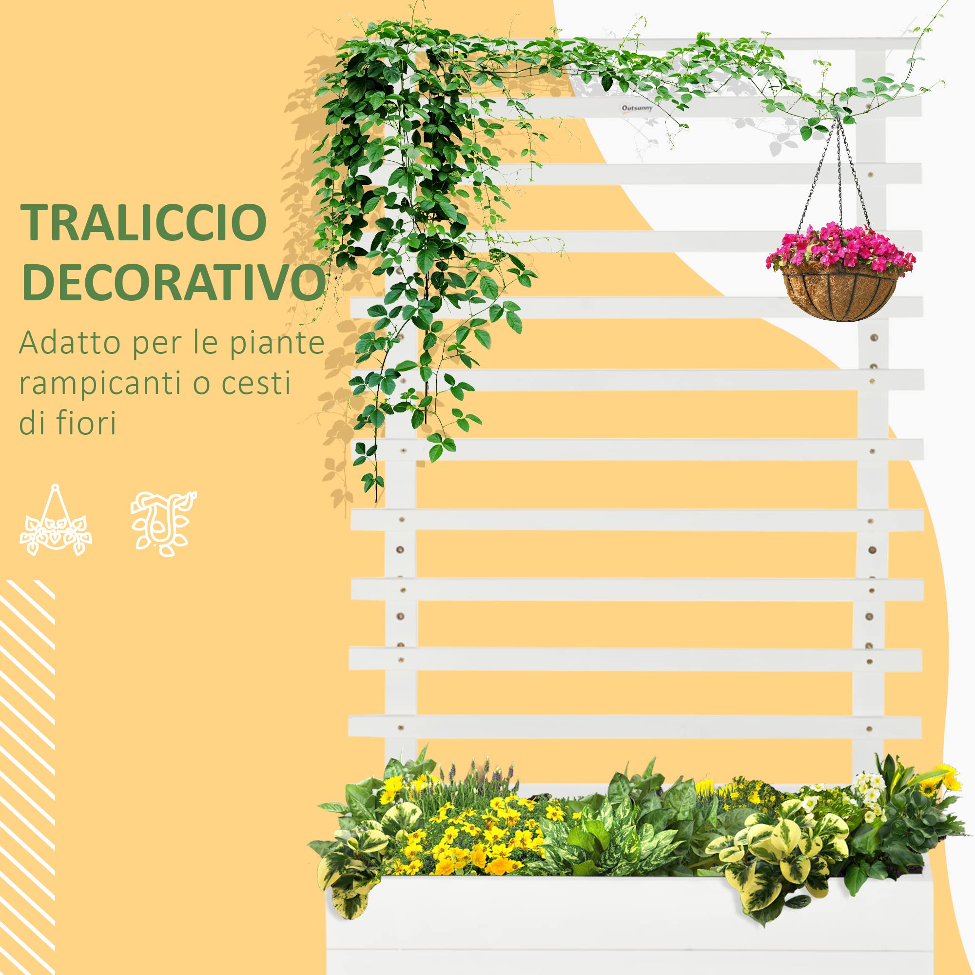 Outsunny Fioriera Rialzata Verticale con 4 Ruote e Traliccio per Piante Rampicanti in Legno di Abete, 76x30x155cm, Bianco