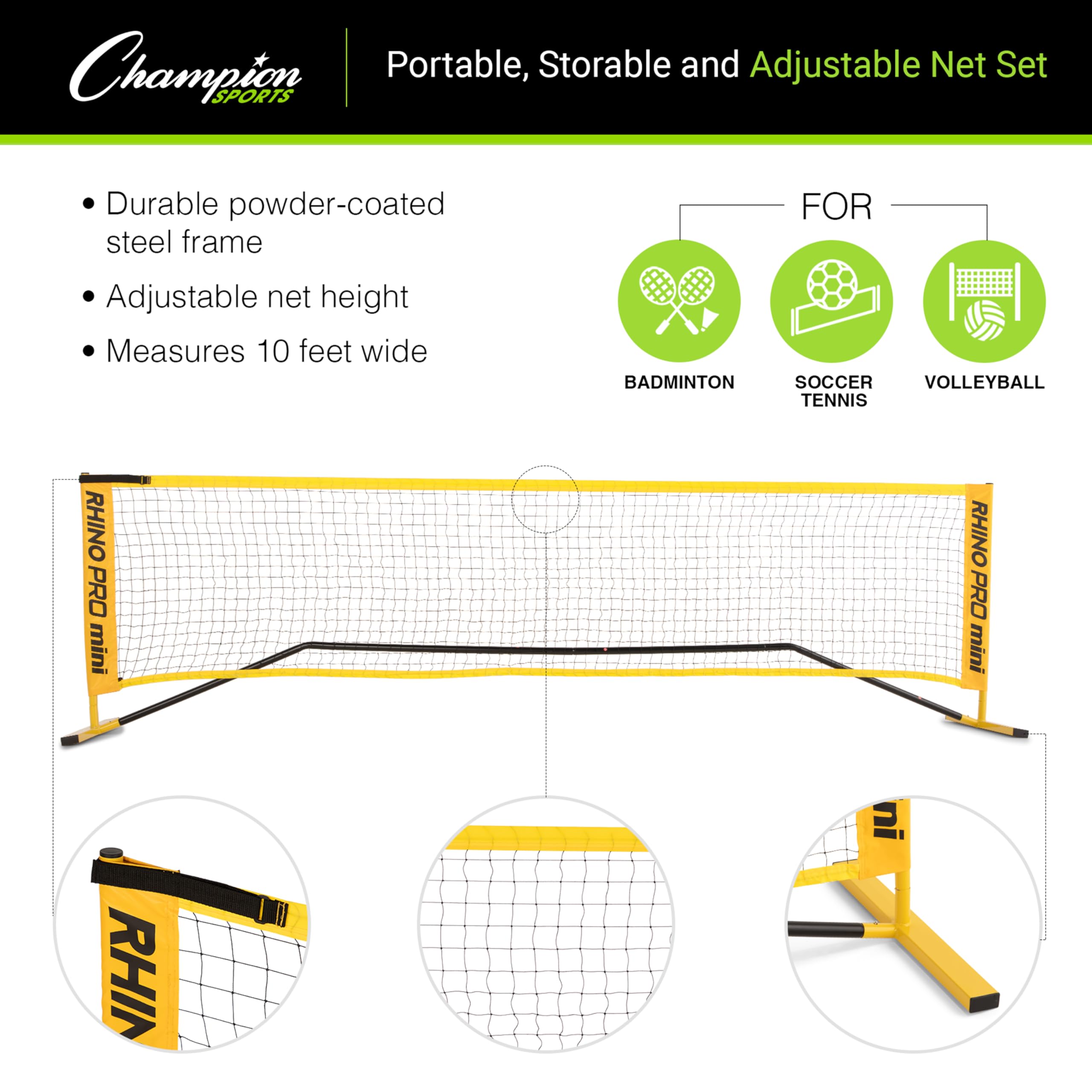 Champion Sports Adjustable Sport Net: Portable Sport Game Net for Volleyball, Tennis, Pickleball, and Badminton - Multiple Widths