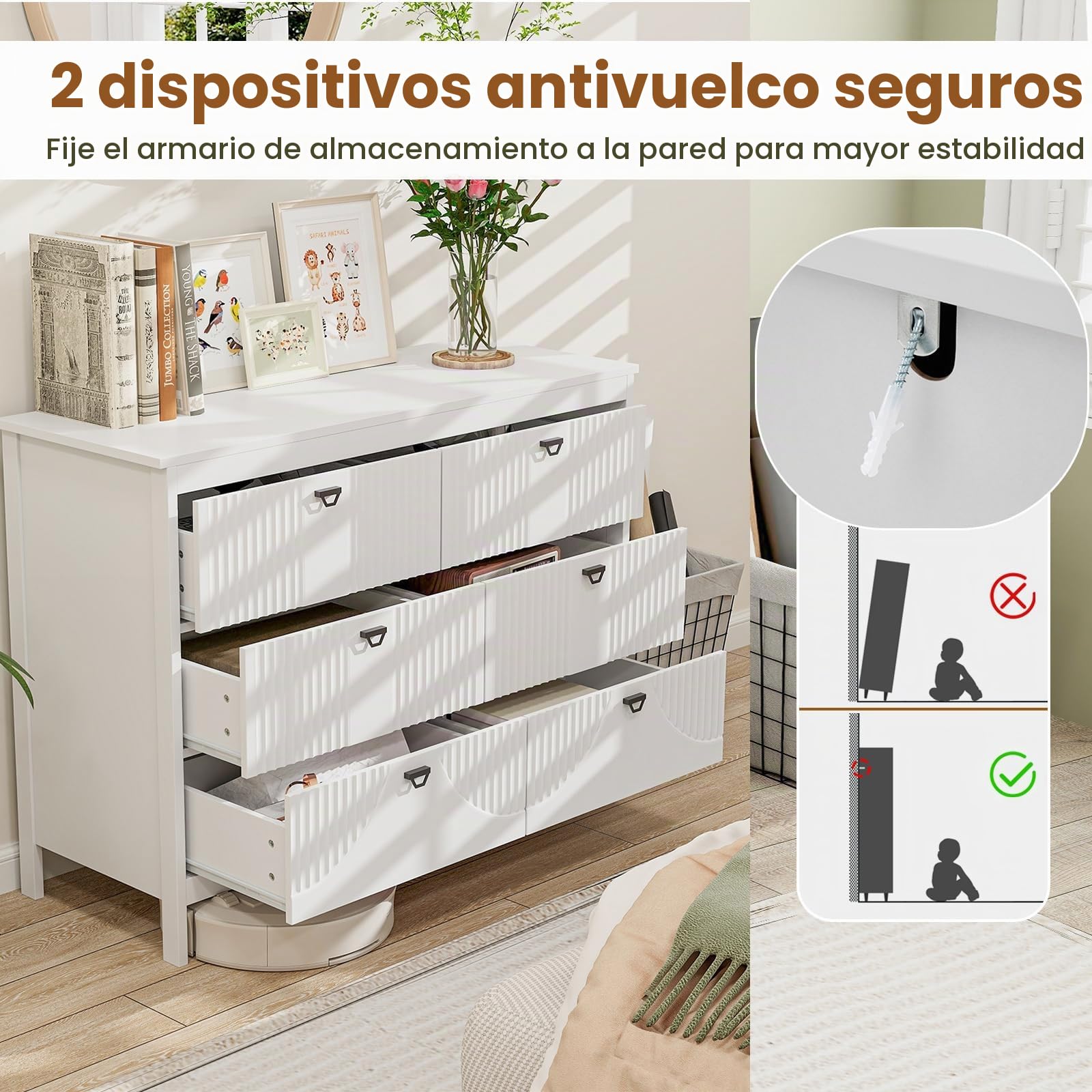 KOMFOTTEU Cómoda con 3/6 Cajones para Dormitorio, Cajonera de Madera con Kit Antivuelco, Mueble de Almacenamiento Moderno, para Salón, Estudio, Oficina (6 cajones)