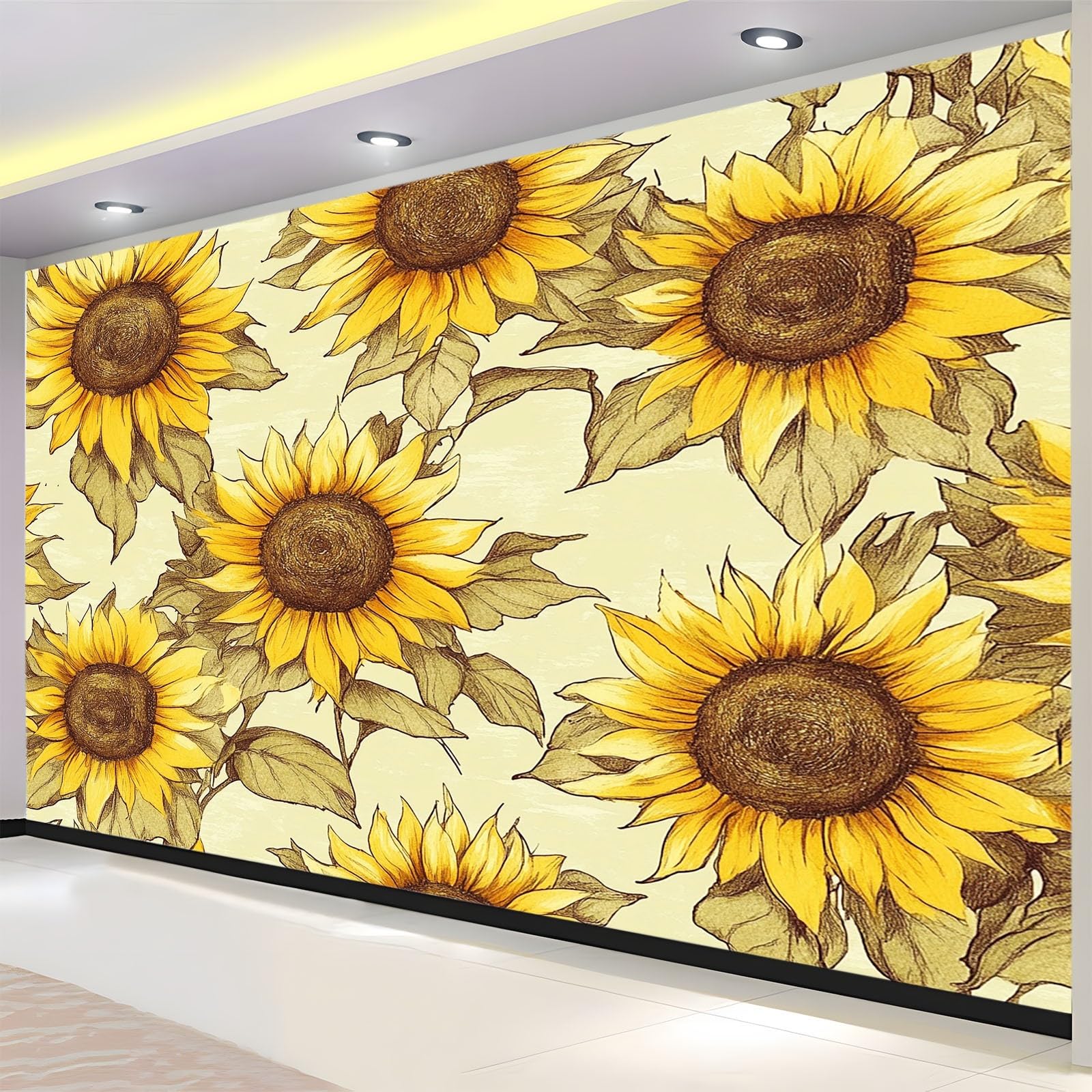 Tapeta Fototapeta 250 x 175 cm Retro Słonecznik Liście Włóknina Fototapeta 3D | Fototapeta Dekoracja Salon Sypialnia, Żółty