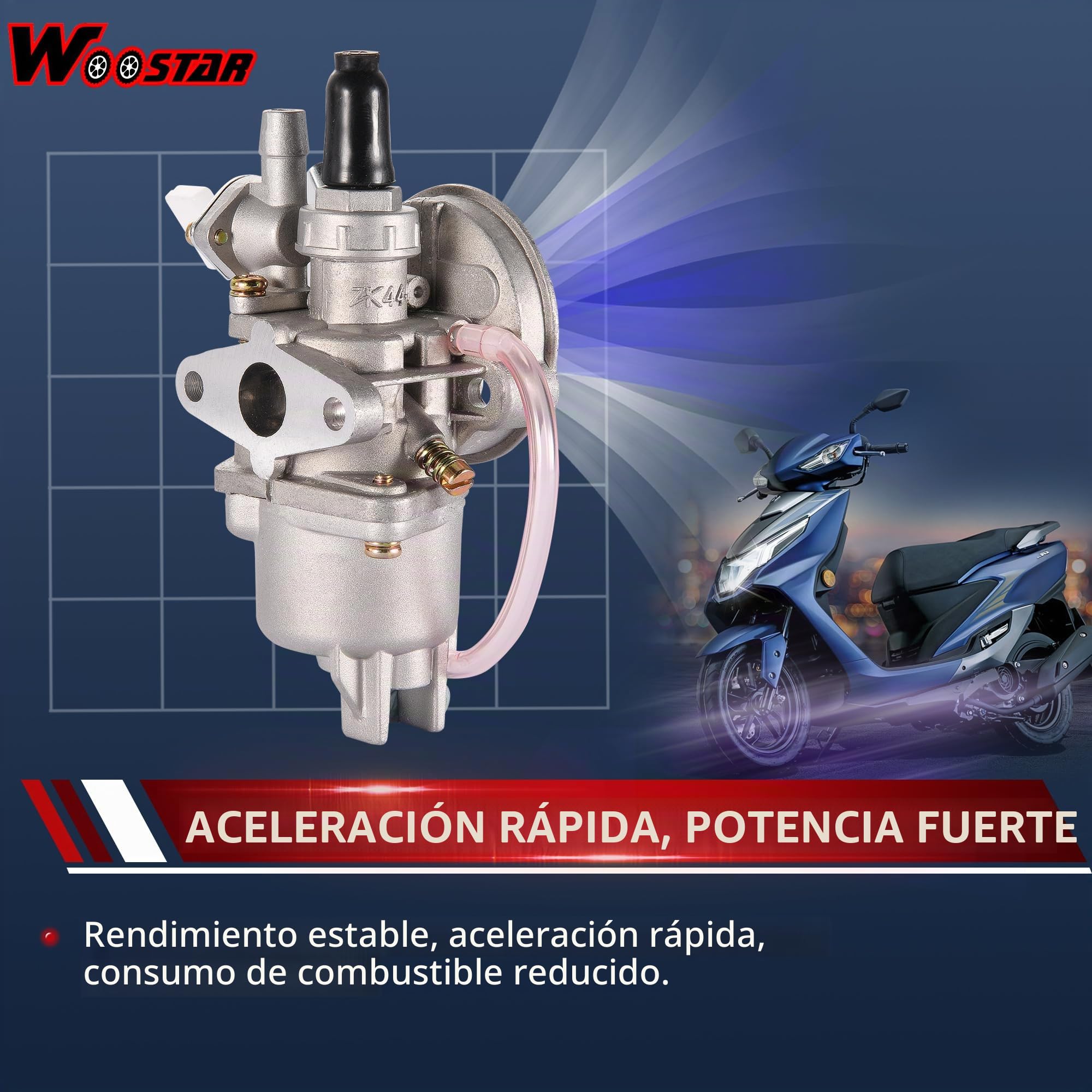 WOOSTAR 44mm Big Bore Cilindro con Tirador de Arranque con Carburador con Filtros de Aire Motor Kit Reemplazo para 2 Tiempos 43cc 47cc 49cc 52cc Mini Pocket Bike Gas Ciclomotor Scooter Plata