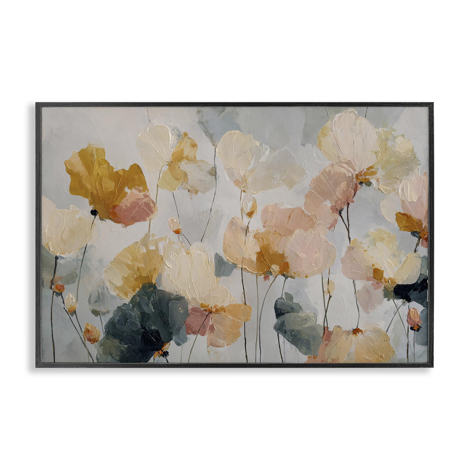 Stupell Industries Midnight Black (Textured) Abstract Brushed Petals Floral, 20 X 30 Inch Framed Giclée Print
