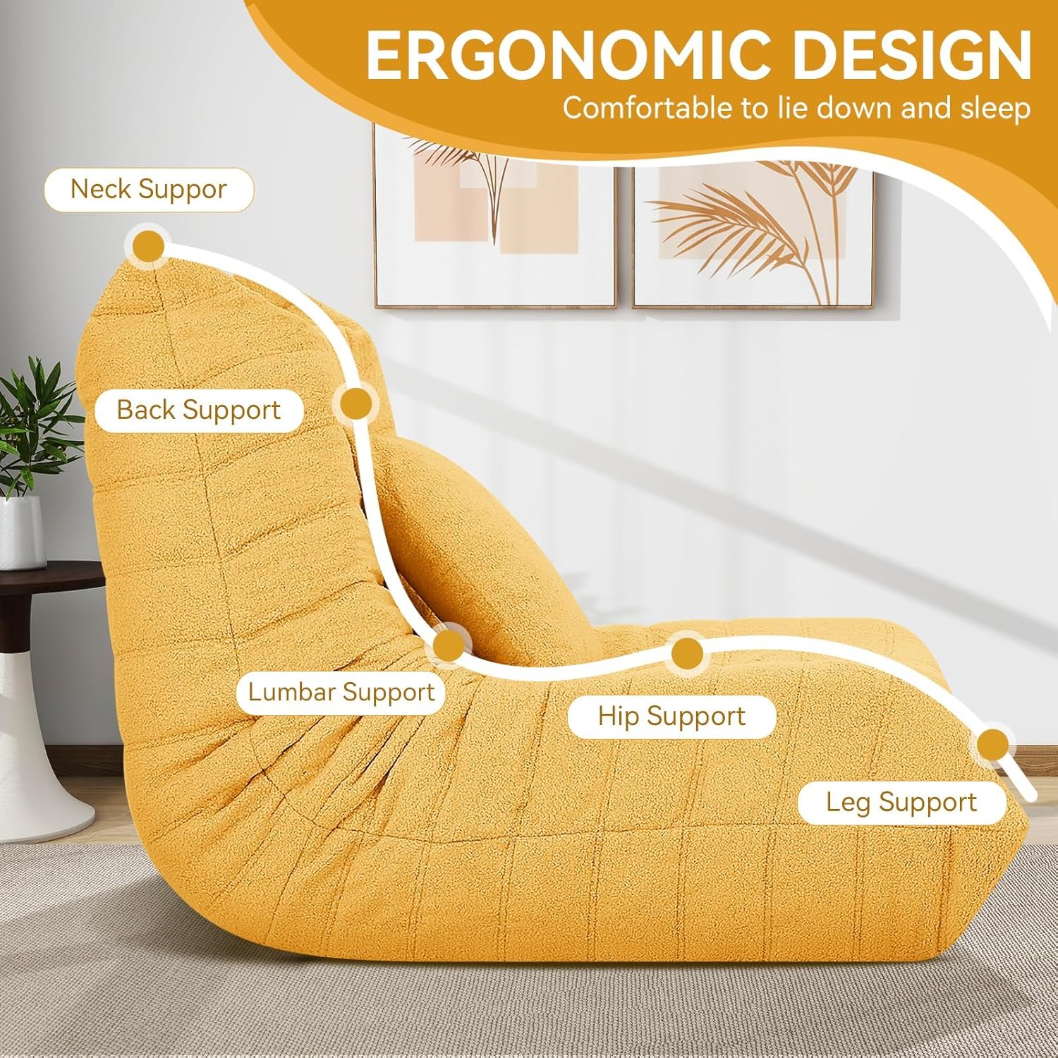 Bean Bag Chair with Ottoman, Comfy BeanBag Chairs for Adults,Giant Bean Bag Lounger with Memory Foam Filled,Teddy Lazy Sofa Reading Chair for Bedroom, Living Room,Dorm,Yellow