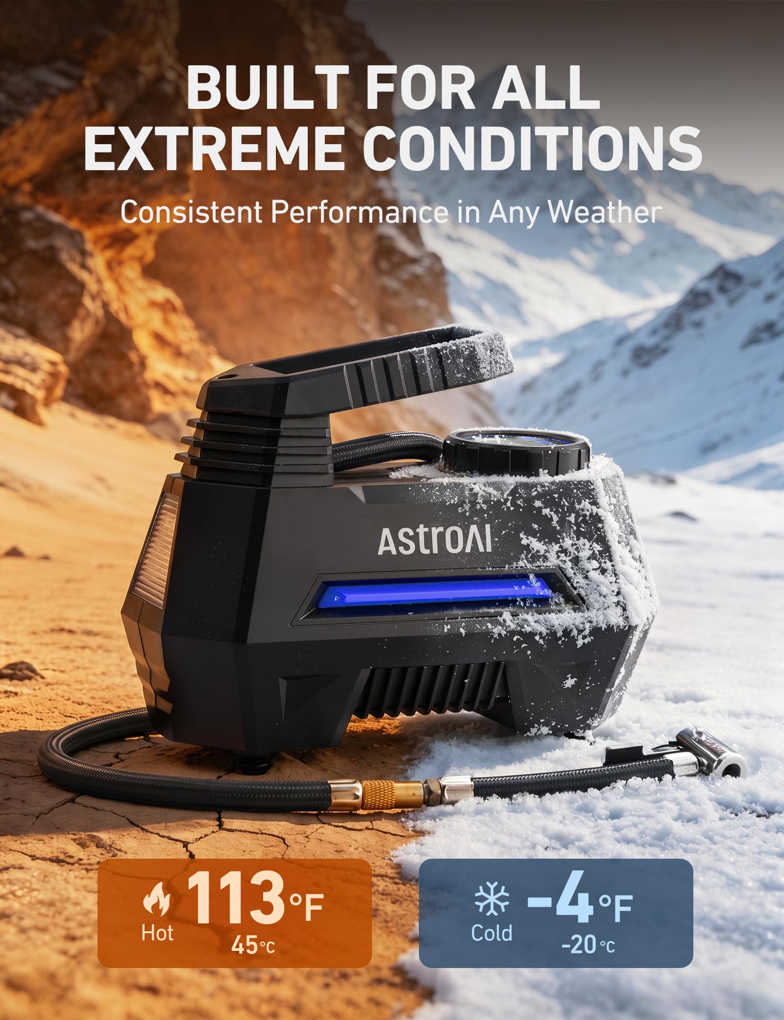 AstroAI AIRUN H Tire Inflator Portable Air Compressor, 12V DC Tire Inflator, Auto Shut-Off with Digital Pressure Gauge & LED Light, Fast Inflation for Car, Motorcycle, Bike Tires, 9.8Ft Cord, Blue view 6