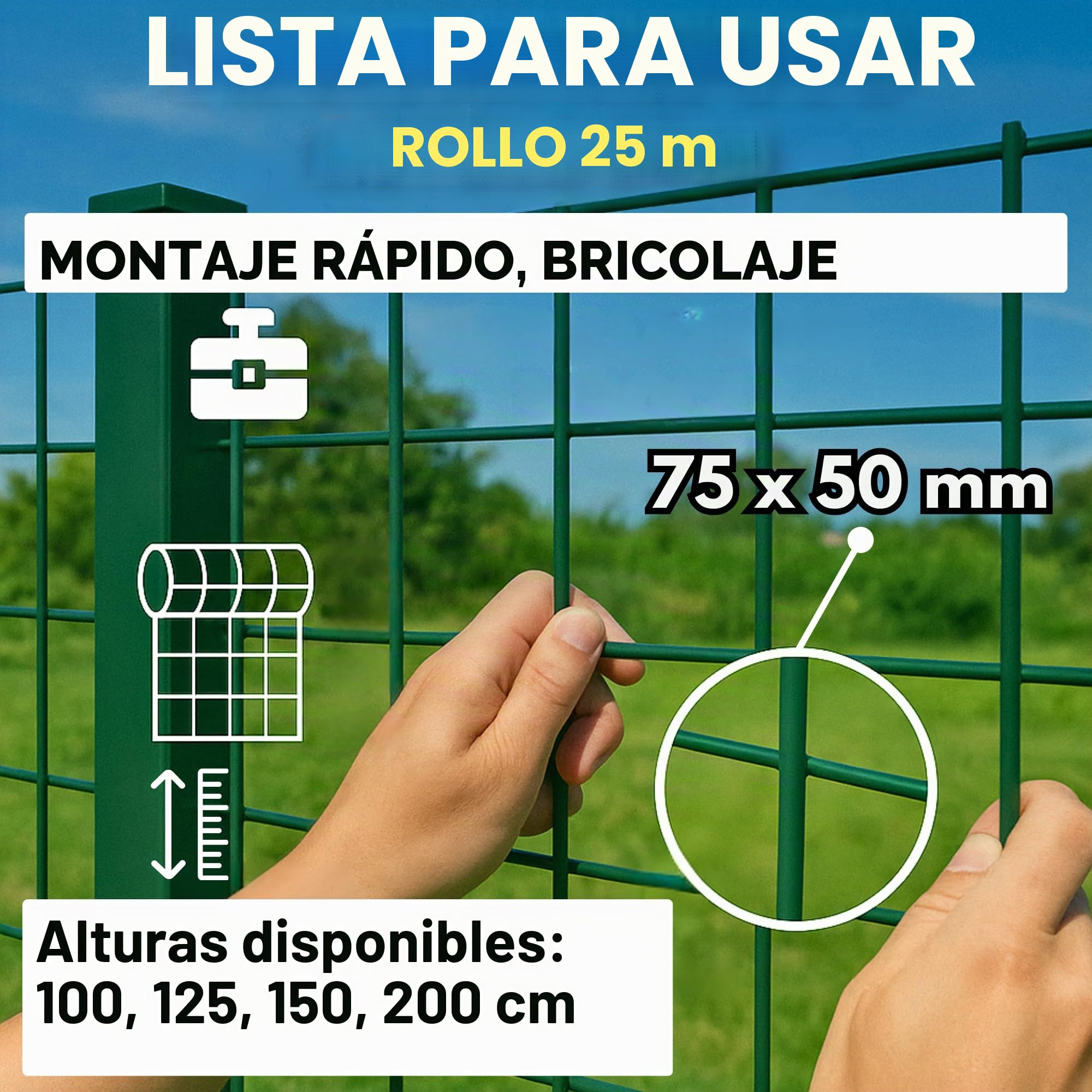 ITALFROM - Rollo de 25 Metros de Malla metálica para Vallas de 125 cm de Altura, Red electrosoldada Verde para Valla plastificada galvanizada con Malla de 75 x 50 mm, Red de jardín para Valla rígida