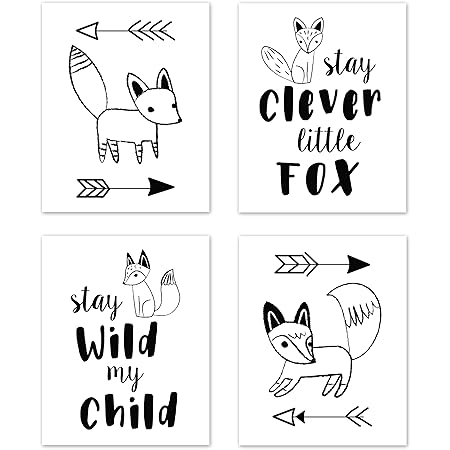 Amazon Com Sweet Jojo Designs Juego De 4 Disenos De Arte De Pared Para Decoracion De Habitacion Para Bebe Guarderia Y Ninos Para Coleccion De Zorros Blancos Y Negros Stay Clever