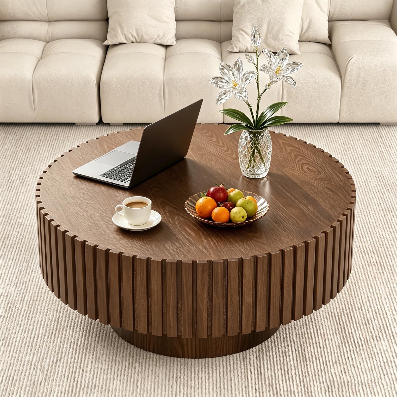 SOUWOFS 80CM Round Fluted Coffee Table Small Farmhouse Coffee Tables with Sturdy Base, Wood Circle Tea Table Mid Century Modern Center Table for Living Room, Apartment (Round Brown)