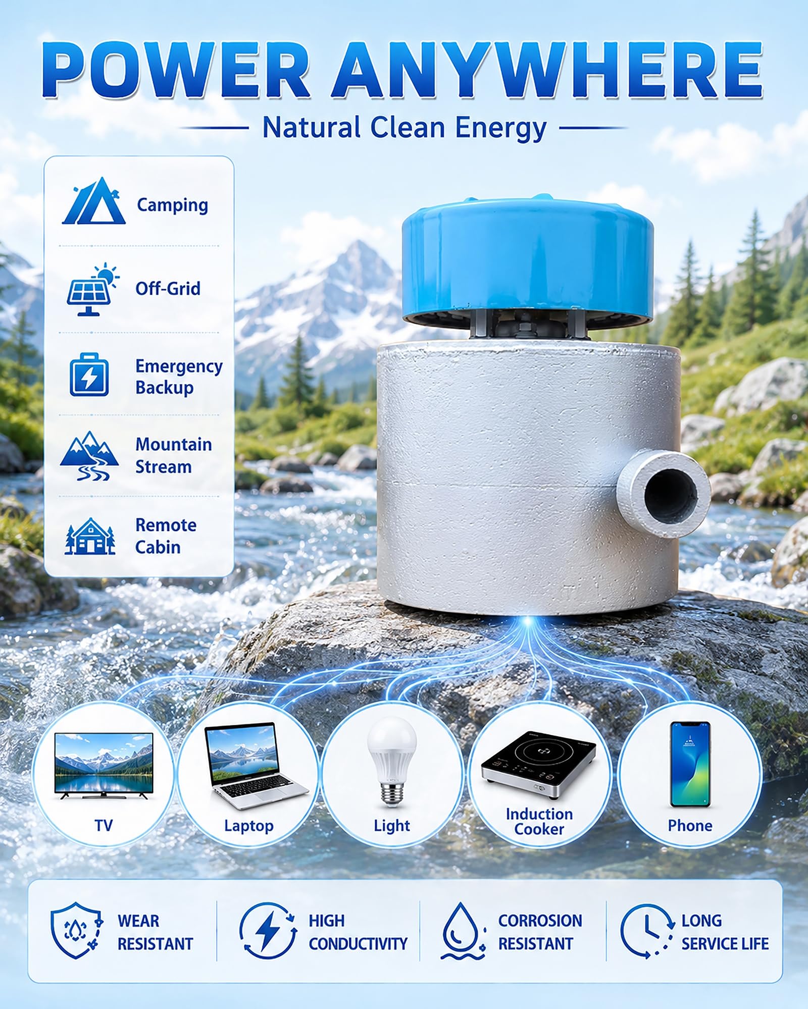 Generador Micro Hidroeléctrico 3KW 110V 220V Equipo Hidráulico Portátil de Aleación Aluminio para Hogar Camping Fuera Red Energía Respaldo,3000w,110V/220V