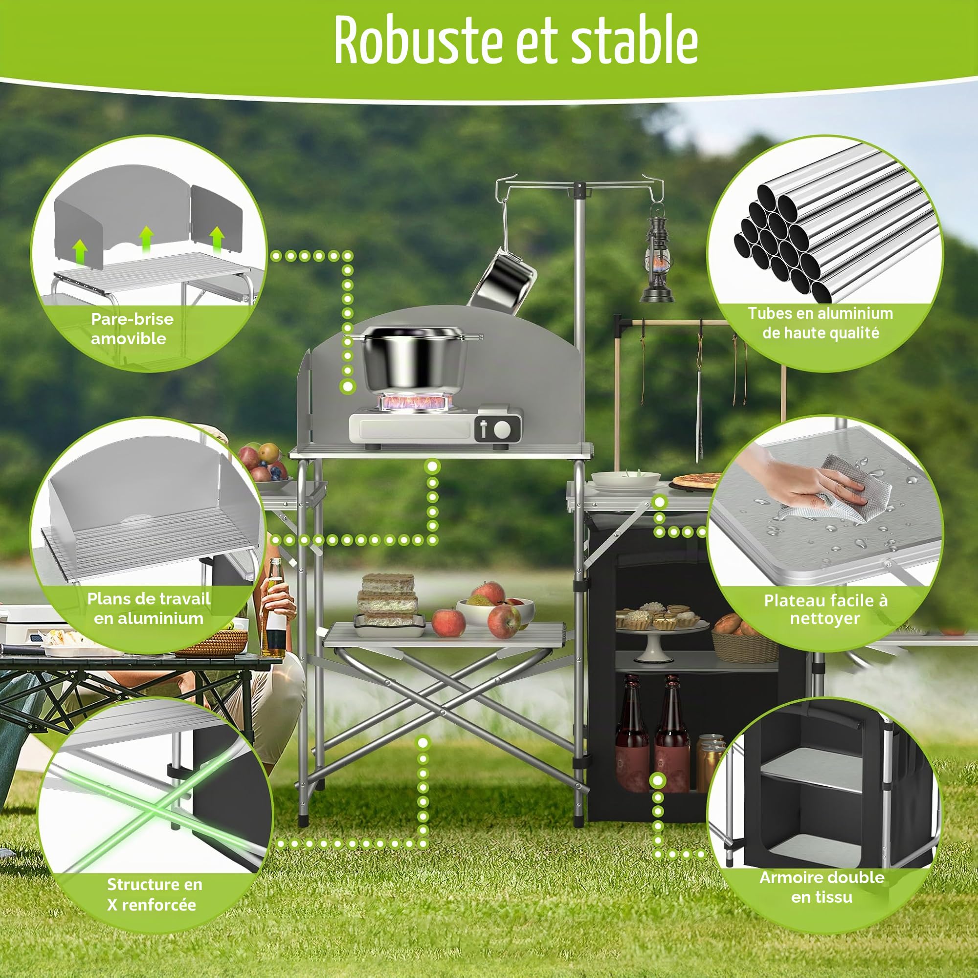 LZQ Table de cuisine de camping pliable avec armoires de camping, pare-vent, support de lampe et crochets, cuisine de camping d'extérieur avec panneaux MDF, sac de transport pour camping, pique-nique,