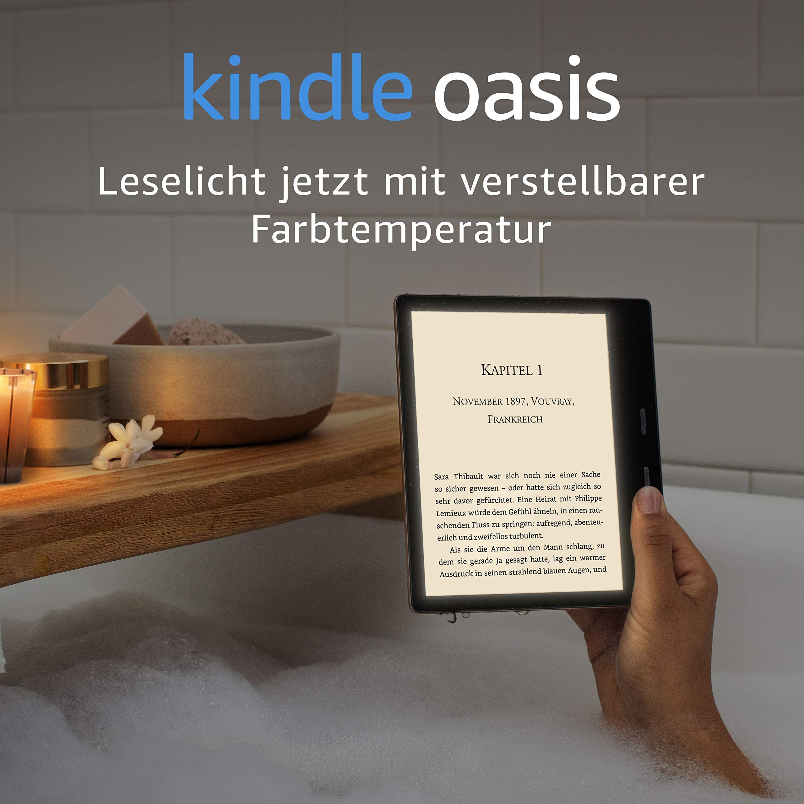 Kindle Oasis, Leselicht mit verstellbarer Farbtemperatur, wasserfest, 32 GB, WLAN, gratis Mobilfunkverbindung + WLAN, Grafit