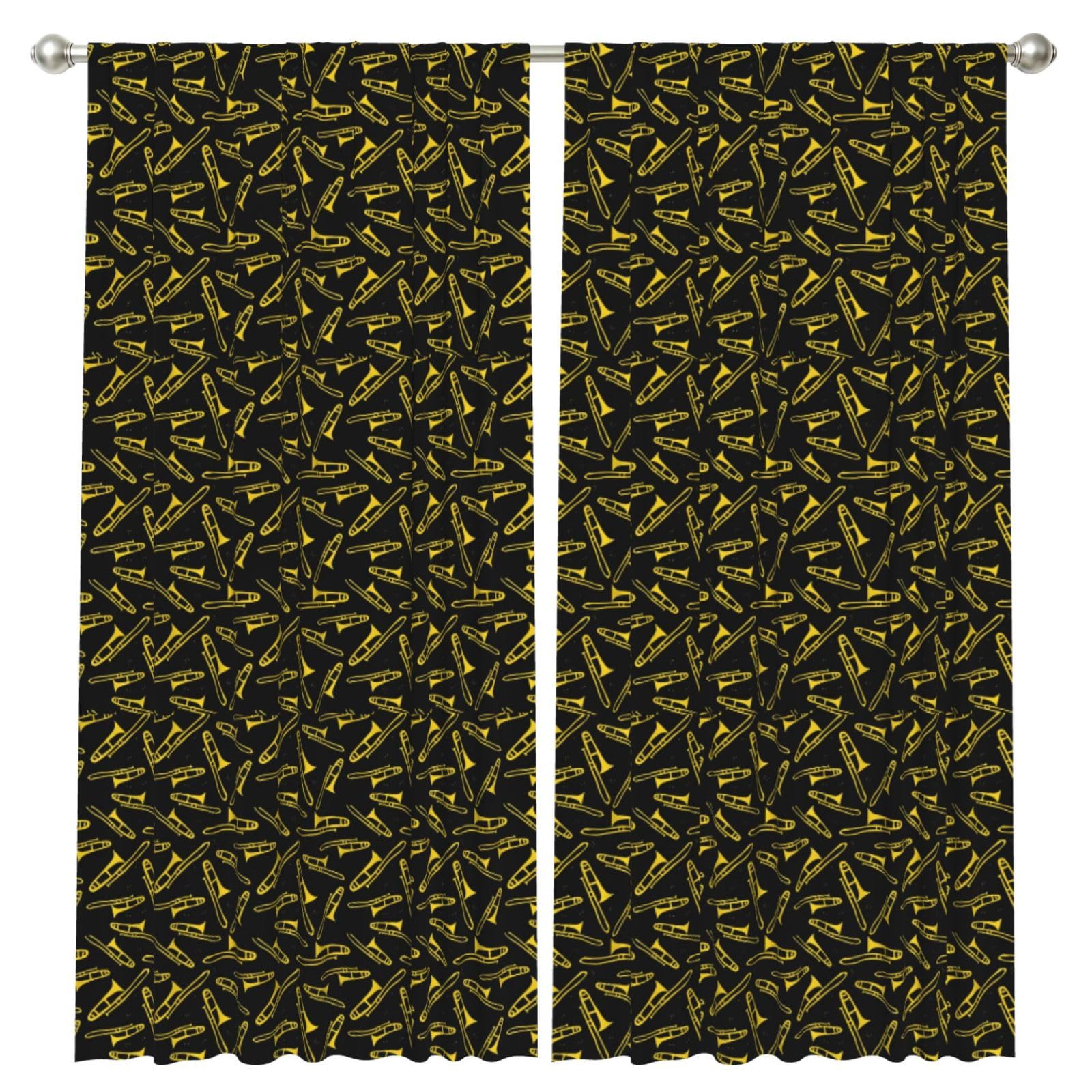 InOmak Black And Yellow Trombone, 2 Panels Window Curtains 52 x 84 Inch Blackout Curtains for Living Room Bedroom