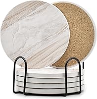 Hoewina 6PCS Marble Style Absorbent Ceramic Drink Coasters with Holder - 4 Inch Non-Slip Set for Coffee Tables & Cups