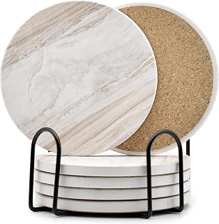 Hoewina 6PCS Marble Style Absorbent Ceramic Drink Coasters with Holder - 4 Inch Non-Slip Set for Coffee Tables & Cups