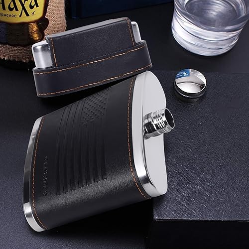 Miniatura 16 de GENNISSY Frasco de cadera de 8 onzas para hombre, frasco de whisky bourbon de acero inoxidable 304 (18/8), a prueba de fugas con envoltura de cuero