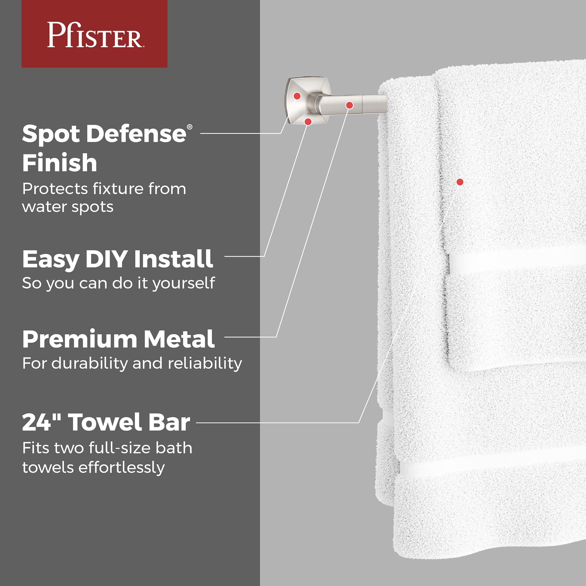 Pfister Vaneri Bath Towel Bar for Bathroom 24-Inch, Wall-Mounted, Screw-In, Spot Defense Brushed Nickel Finish, BTBVRI2GS - Image 2