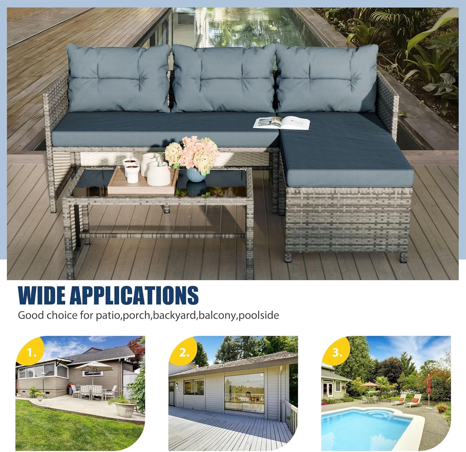 3 Pieces Patio Furniture Sets All-Weather Wicker Outdoor Sofa Couch Small Conversation Sectional Set with Cushions Glass Table for Backyard Porch Balcony Poolside(Gray)