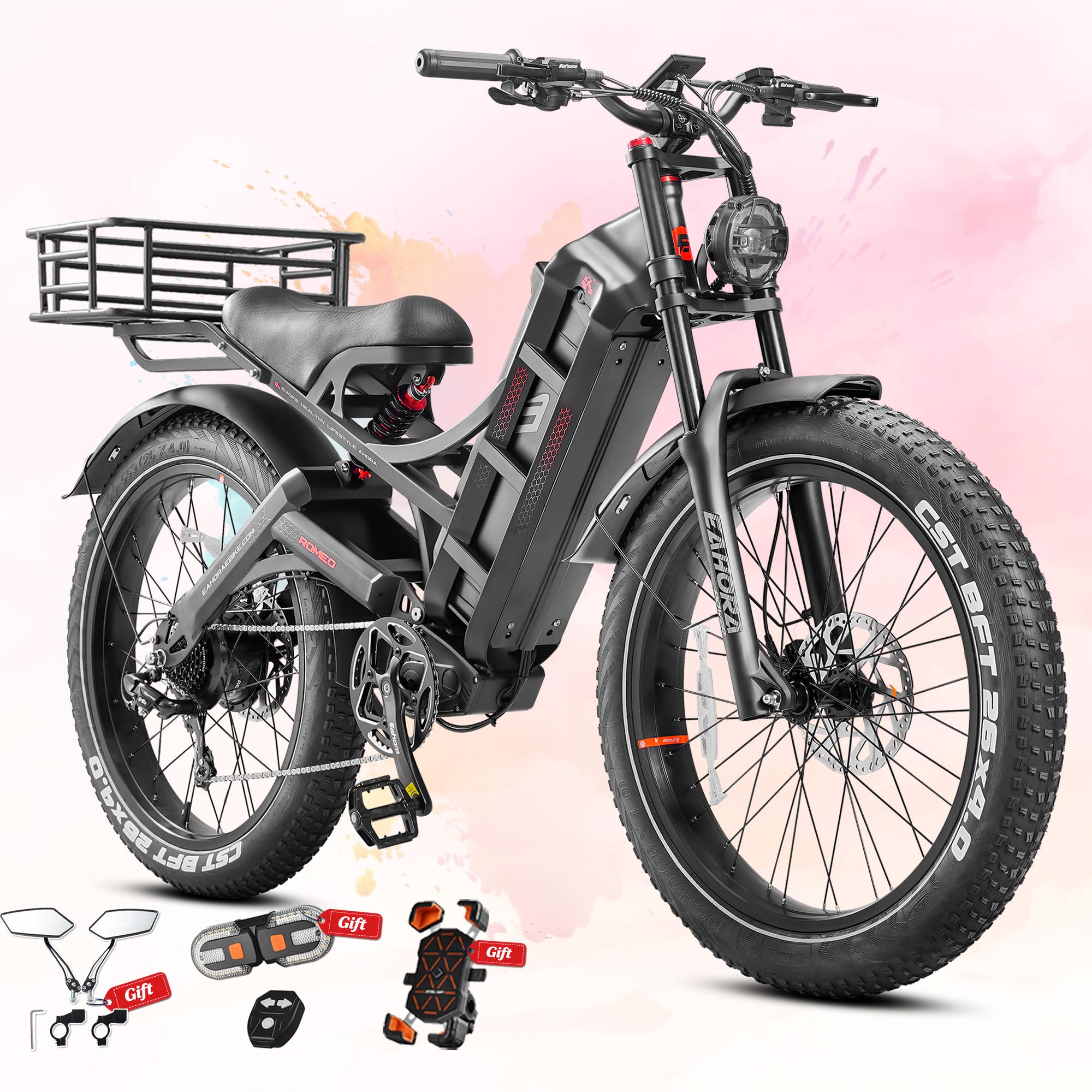 eAhora 2026 Romeo Pro 3/2 52-46Mph Electric Bike for Adults 6000W/4000W/2500W Dual Motor Ebike 60V/80Ah 52V/70Ah Long Range Fat Tire Full Suspension Electric Mountain Bicycle