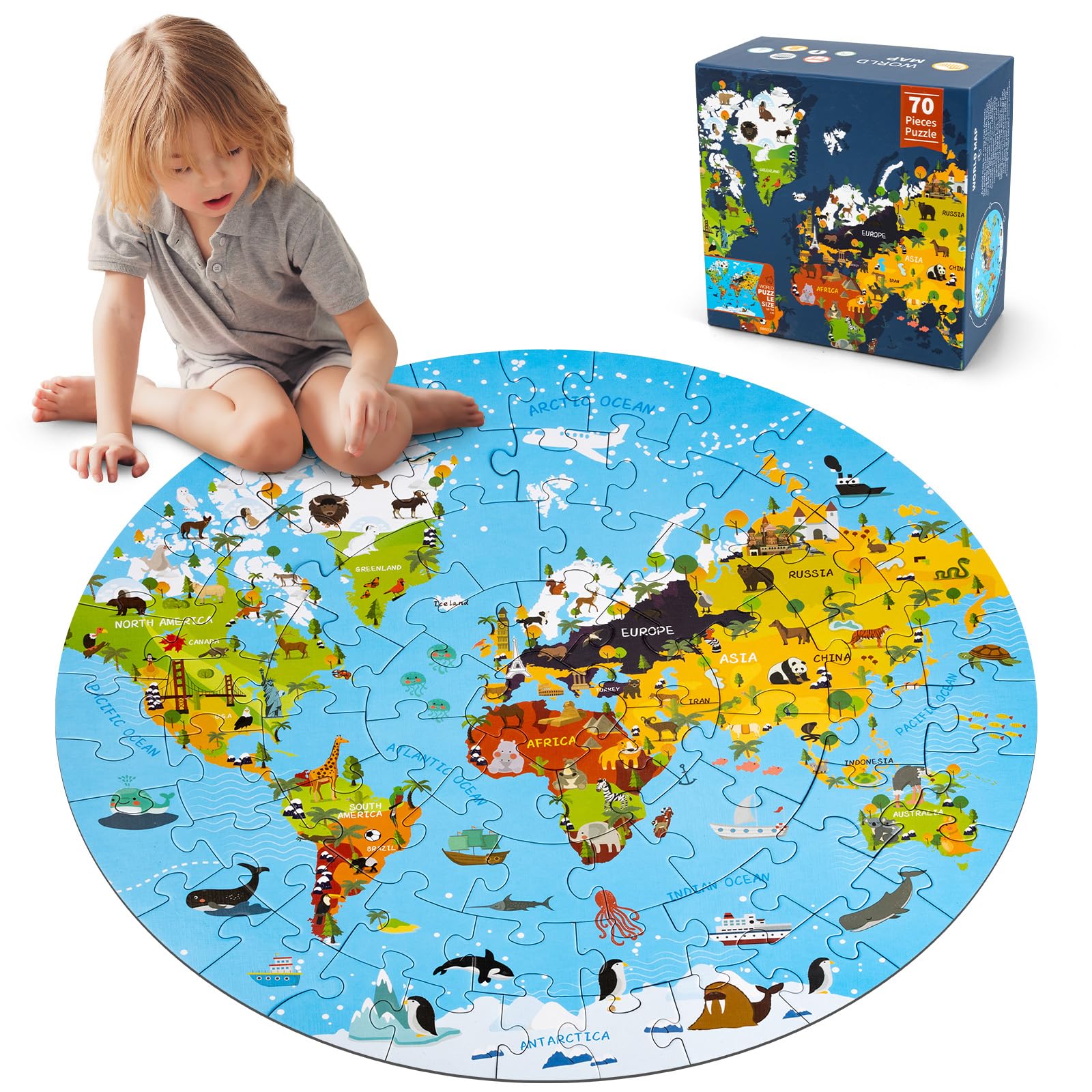 Puzzle Bambini 3 Anni, 70 Pezzi di Puzzle Della Mappa del Mondo, Giochi per Bambini Puzzle Cartone Materiale, Regalo Bambina per Feste di Compleanno 4 5 6 7 8 9 10 Anni